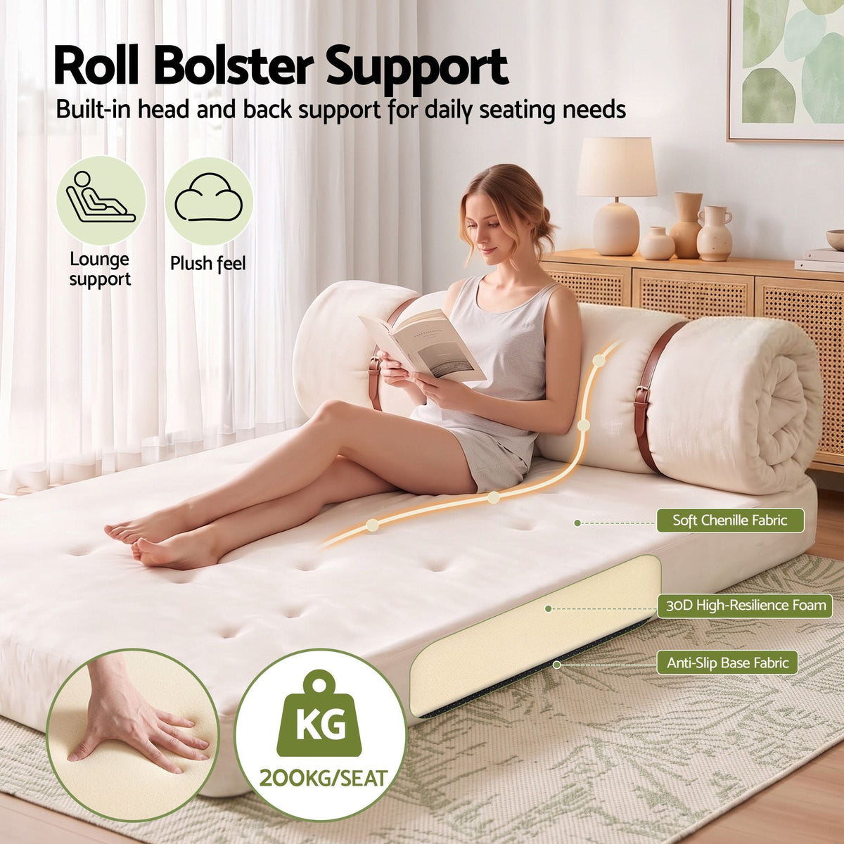 Convertible Roll-Up Sofa Bed Sleeper Chair Fold-Out Floor Lounge - White - Furniture > Sofas > Sofas & Sofa Beds - Rivercity House & Home Co. (ABN 18 642 972 209) - Affordable Modern Furniture Australia