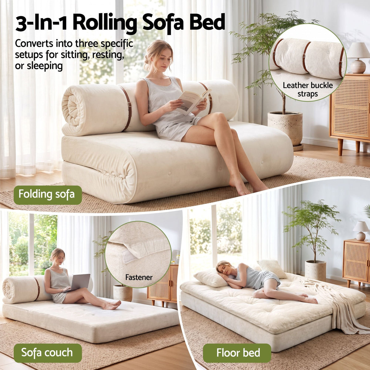 Convertible Roll-Up Sofa Bed Sleeper Chair Fold-Out Floor Lounge - White - Furniture > Sofas > Sofas & Sofa Beds - Rivercity House & Home Co. (ABN 18 642 972 209) - Affordable Modern Furniture Australia