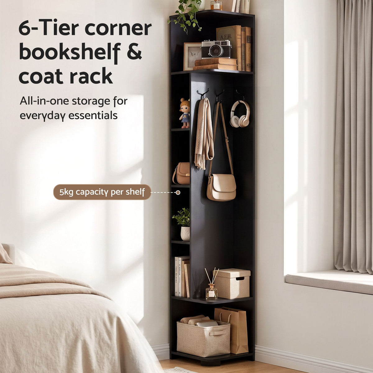 Corner 6-Tier Bookshelf with Coat Rack and Hooks - Black - Furniture > Living Room > Bookcases & Shelves - Rivercity House & Home Co. (ABN 18 642 972 209) - Affordable Modern Furniture Australia