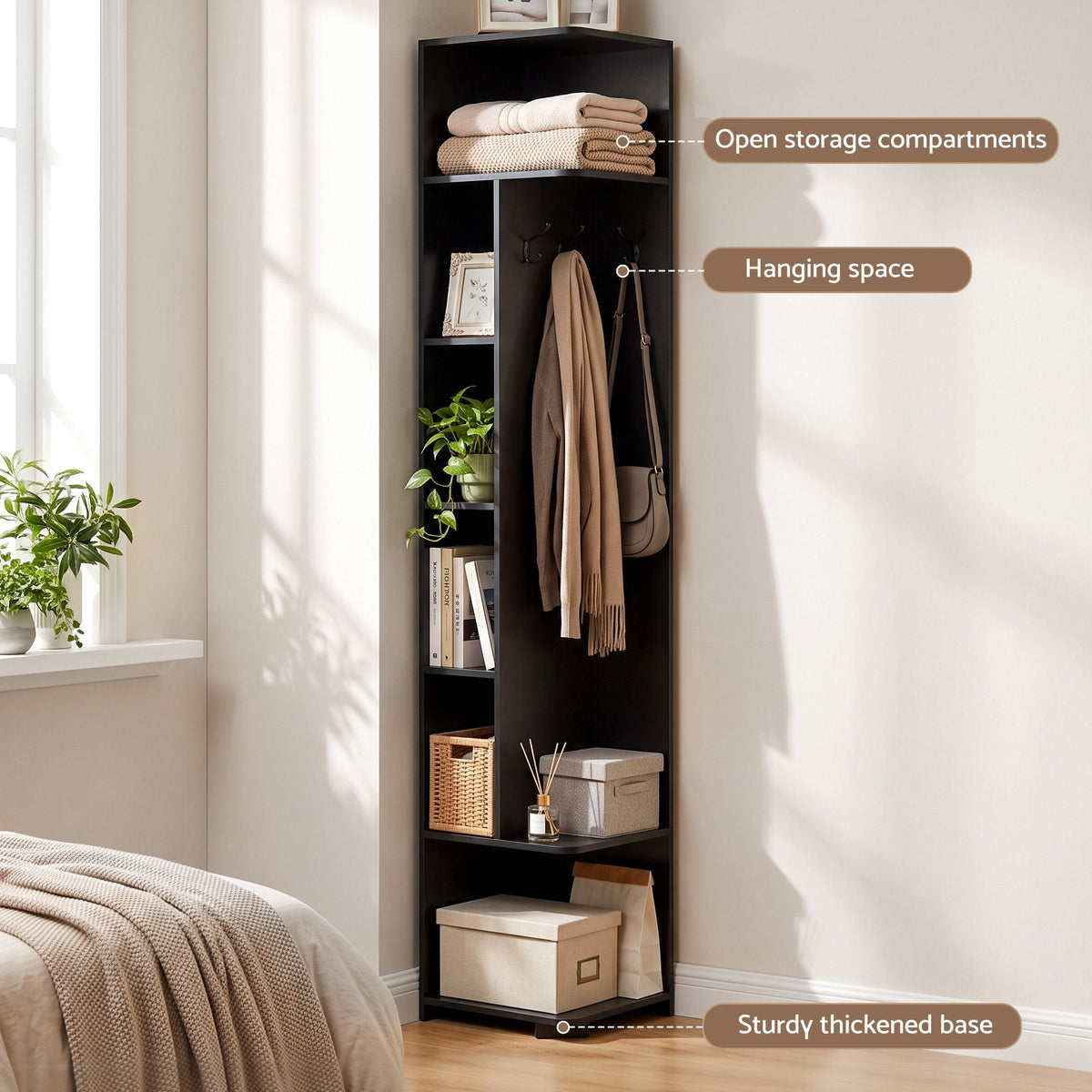 Corner 6-Tier Bookshelf with Coat Rack and Hooks - Black - Furniture > Living Room > Bookcases & Shelves - Rivercity House & Home Co. (ABN 18 642 972 209) - Affordable Modern Furniture Australia
