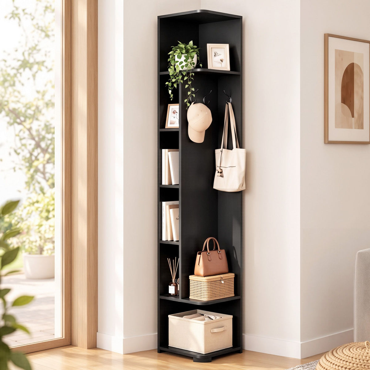 Corner 6-Tier Bookshelf with Coat Rack and Hooks - Black - Furniture > Living Room > Bookcases & Shelves - Rivercity House & Home Co. (ABN 18 642 972 209) - Affordable Modern Furniture Australia