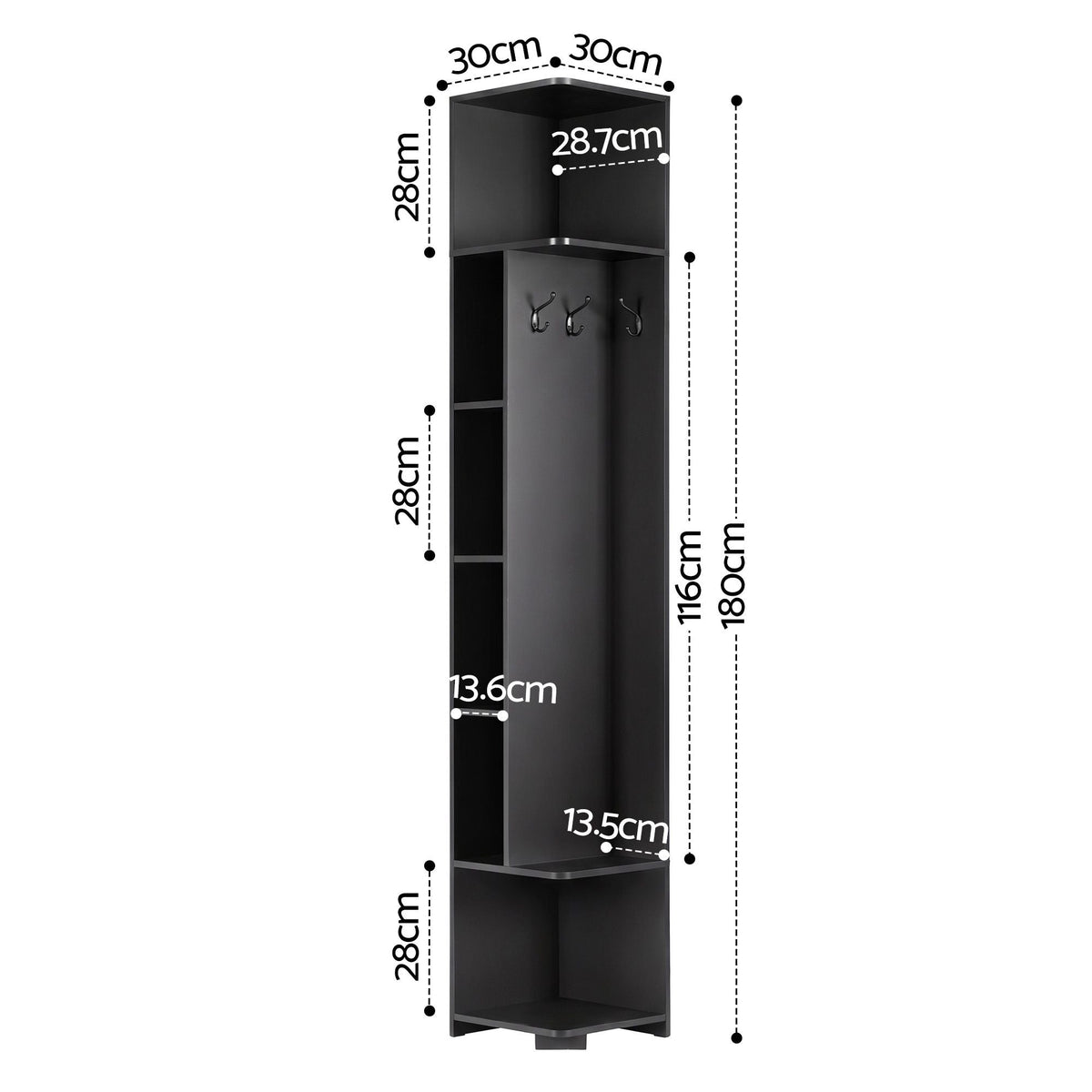 Corner 6-Tier Bookshelf with Coat Rack and Hooks - Black - Furniture > Living Room > Bookcases & Shelves - Rivercity House & Home Co. (ABN 18 642 972 209) - Affordable Modern Furniture Australia