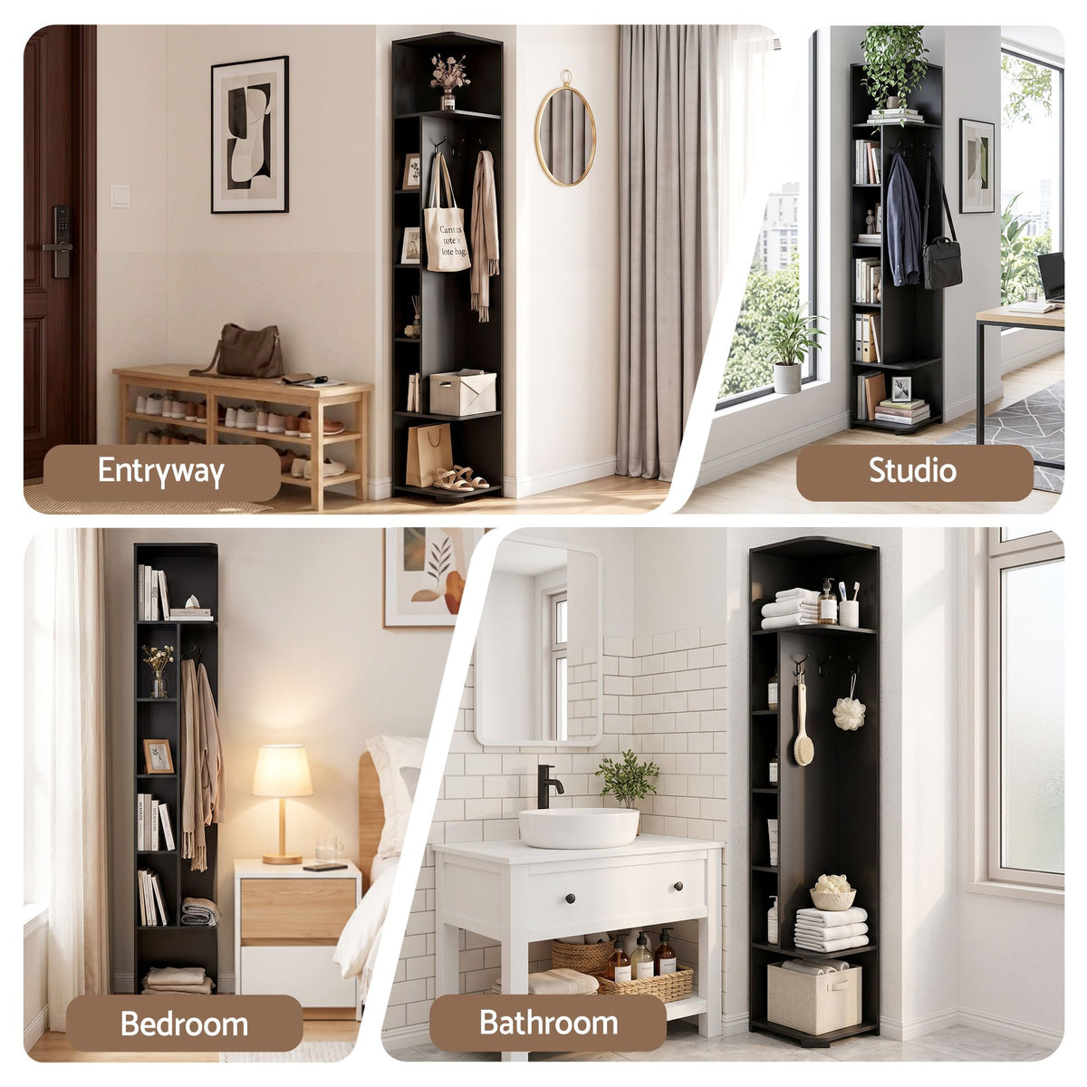 Corner 6-Tier Bookshelf with Coat Rack and Hooks - Black - Furniture > Living Room > Bookcases & Shelves - Rivercity House & Home Co. (ABN 18 642 972 209) - Affordable Modern Furniture Australia