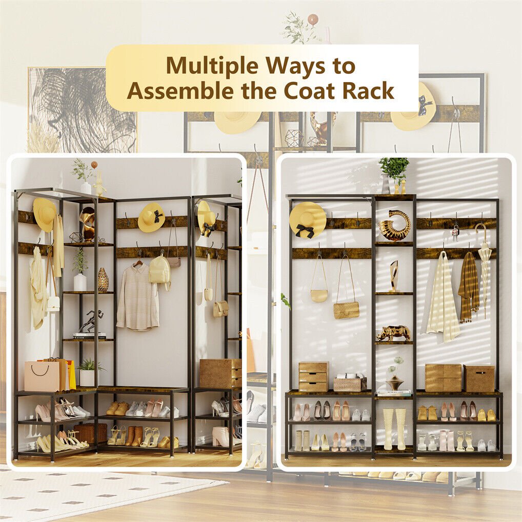 Corner Coat Stand with Shoe Bench and Organizer Metal & MDF - Rustic Brown - Audio & Video > Musical Instrument & Accessories > Audio Accessories - Rivercity House & Home Co. (ABN 18 642 972 209) - Affordable Modern Furniture Australia