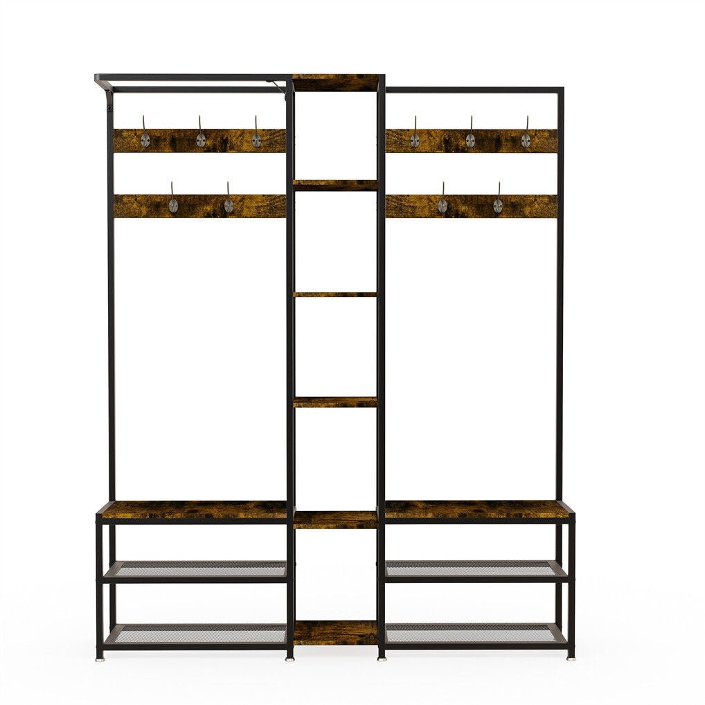 Corner Coat Stand with Shoe Bench and Organizer Metal & MDF - Rustic Brown - Audio & Video > Musical Instrument & Accessories > Audio Accessories - Rivercity House & Home Co. (ABN 18 642 972 209) - Affordable Modern Furniture Australia