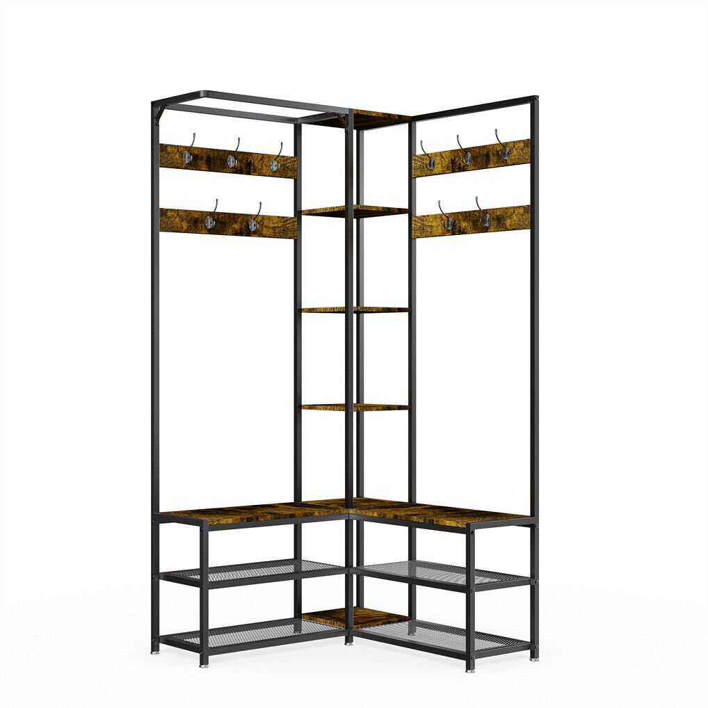 Corner Coat Stand with Shoe Bench and Organizer Metal & MDF - Rustic Brown - Audio & Video > Musical Instrument & Accessories > Audio Accessories - Rivercity House & Home Co. (ABN 18 642 972 209) - Affordable Modern Furniture Australia