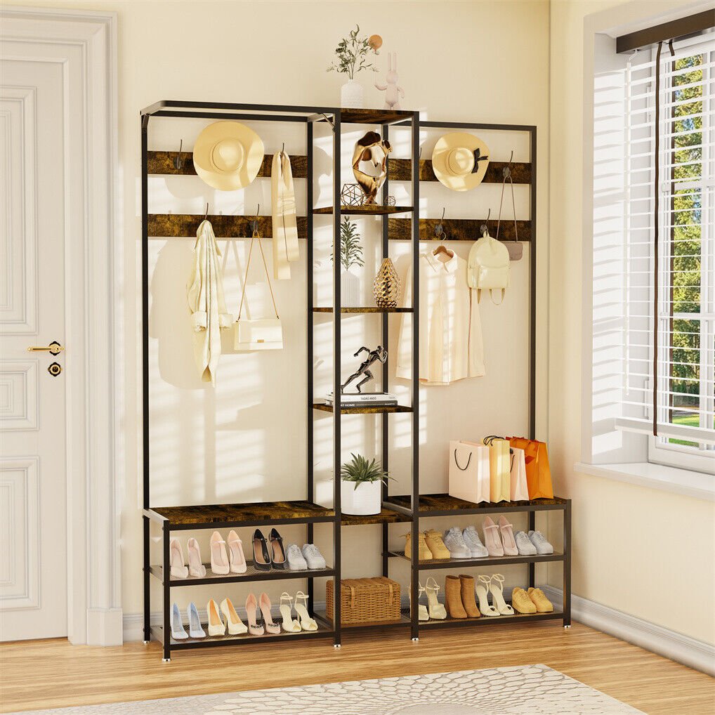 Corner Coat Stand with Shoe Bench and Organizer Metal & MDF - Rustic Brown - Audio & Video > Musical Instrument & Accessories > Audio Accessories - Rivercity House & Home Co. (ABN 18 642 972 209) - Affordable Modern Furniture Australia