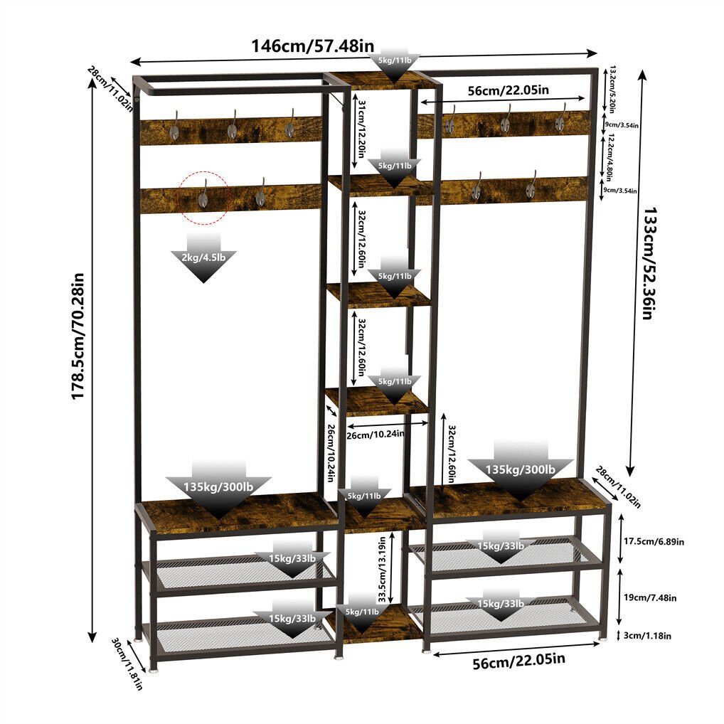 Corner Coat Stand with Shoe Bench and Organizer Metal & MDF - Rustic Brown - Audio & Video > Musical Instrument & Accessories > Audio Accessories - Rivercity House & Home Co. (ABN 18 642 972 209) - Affordable Modern Furniture Australia