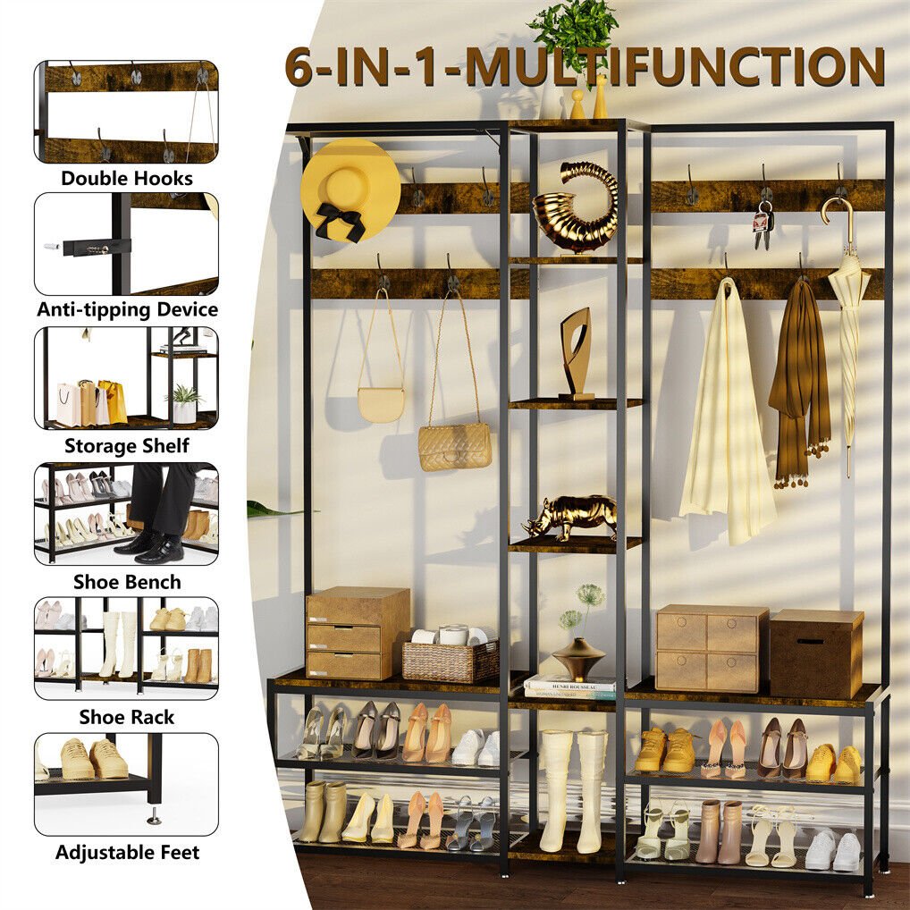 Corner Coat Stand with Shoe Bench and Organizer Metal & MDF - Rustic Brown - Audio & Video > Musical Instrument & Accessories > Audio Accessories - Rivercity House & Home Co. (ABN 18 642 972 209) - Affordable Modern Furniture Australia