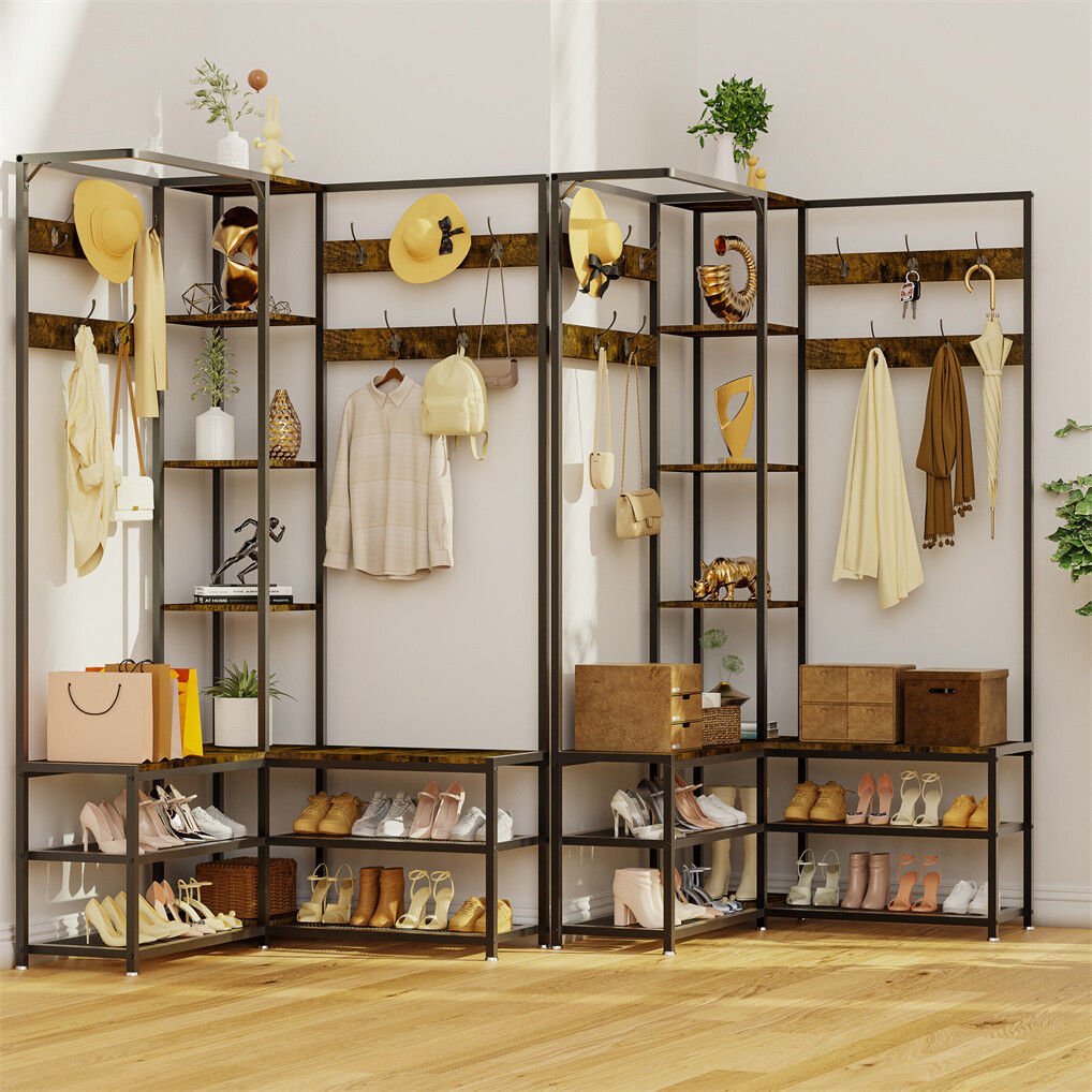 Corner Coat Stand with Shoe Bench and Organizer Metal & MDF - Rustic Brown - Audio & Video > Musical Instrument & Accessories > Audio Accessories - Rivercity House & Home Co. (ABN 18 642 972 209) - Affordable Modern Furniture Australia