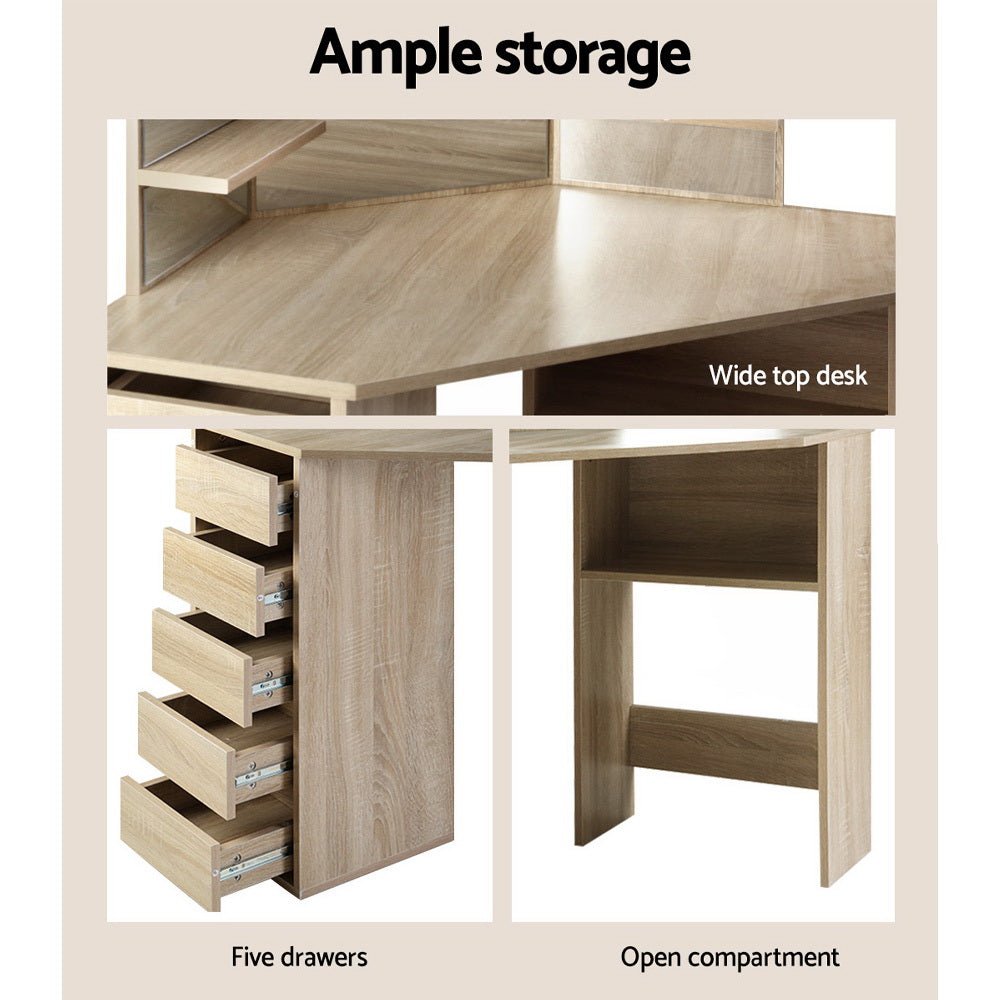 Corner Dressing Table With Mirror Oak - Rivercity House & Home Co. (ABN 18 642 972 209) - Affordable Modern Furniture Australia