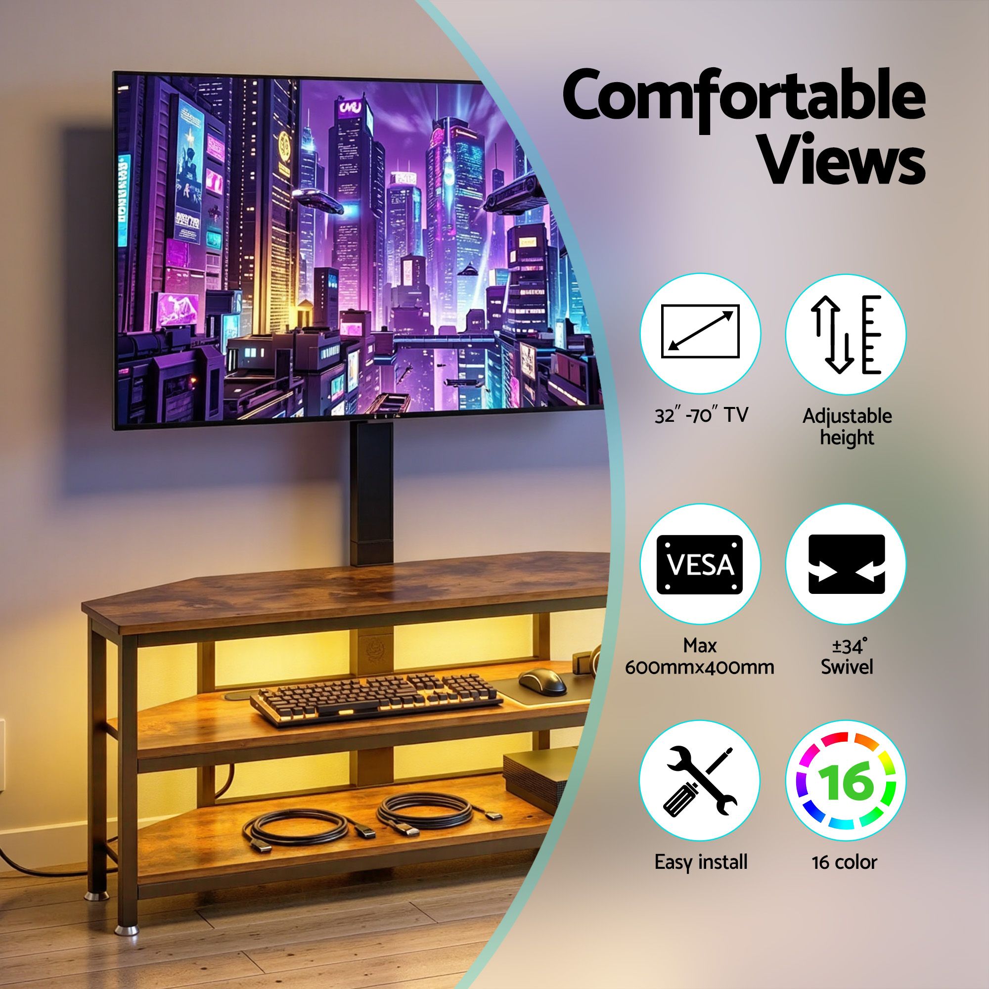Corner TV Stand 32 - 70" w/ Mount LED Lights & Power Outlet Space Saving - Furniture > Living Room > TV Units - Rivercity House & Home Co. (ABN 18 642 972 209) - Affordable Modern Furniture Australia