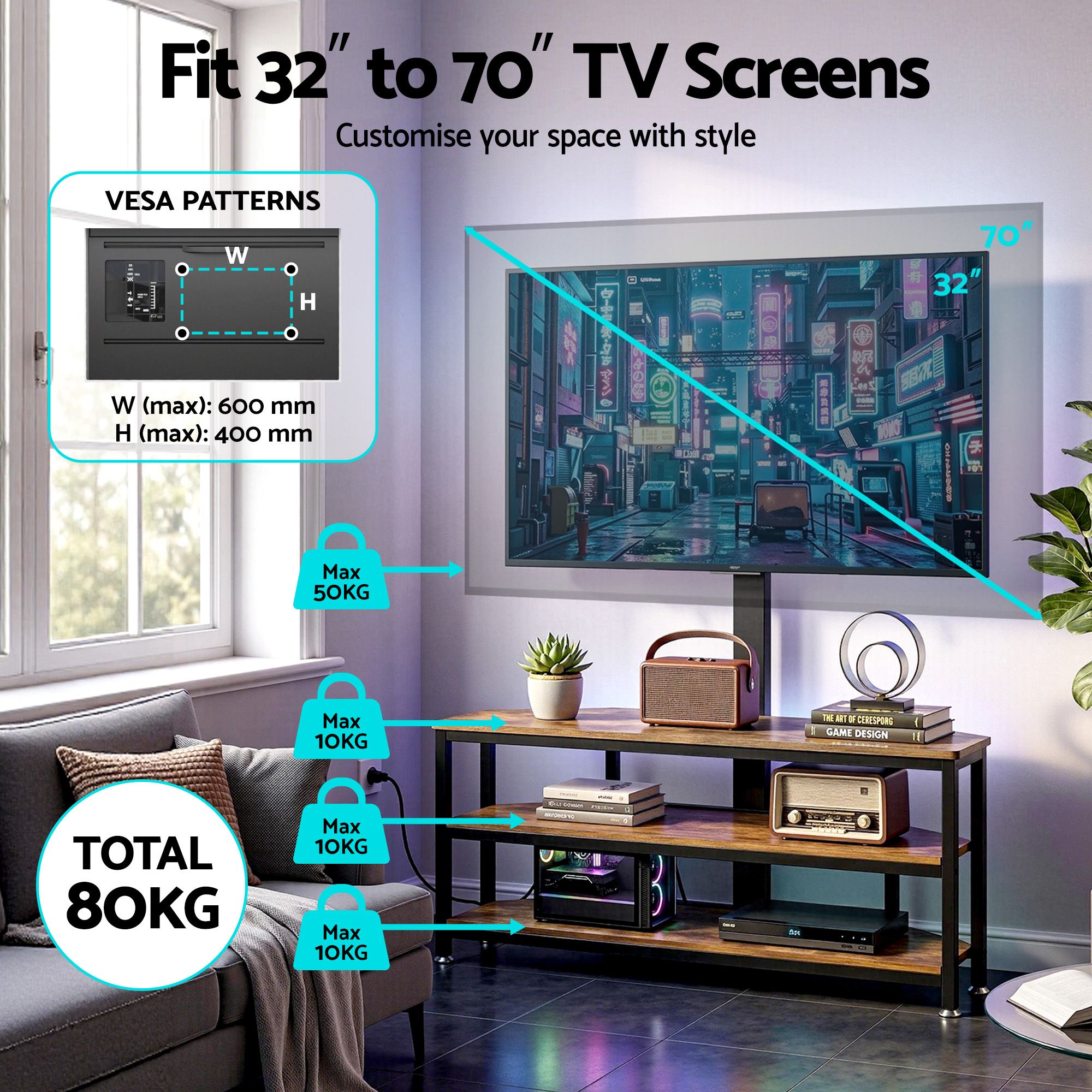 Corner TV Stand 32 - 70" w/ Mount LED Lights & Power Outlet Space Saving - Furniture > Living Room > TV Units - Rivercity House & Home Co. (ABN 18 642 972 209) - Affordable Modern Furniture Australia