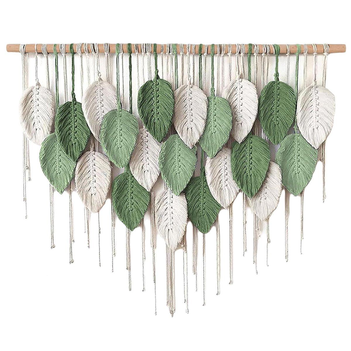 Cotton Rope Woven Leaves Tapestry Wall Hanging for Living Room Bedroom Decor - Green and White - Home & Garden > Wall Art > 3D Wall Art - Rivercity House & Home Co. (ABN 18 642 972 209) - Affordable Modern Furniture Australia