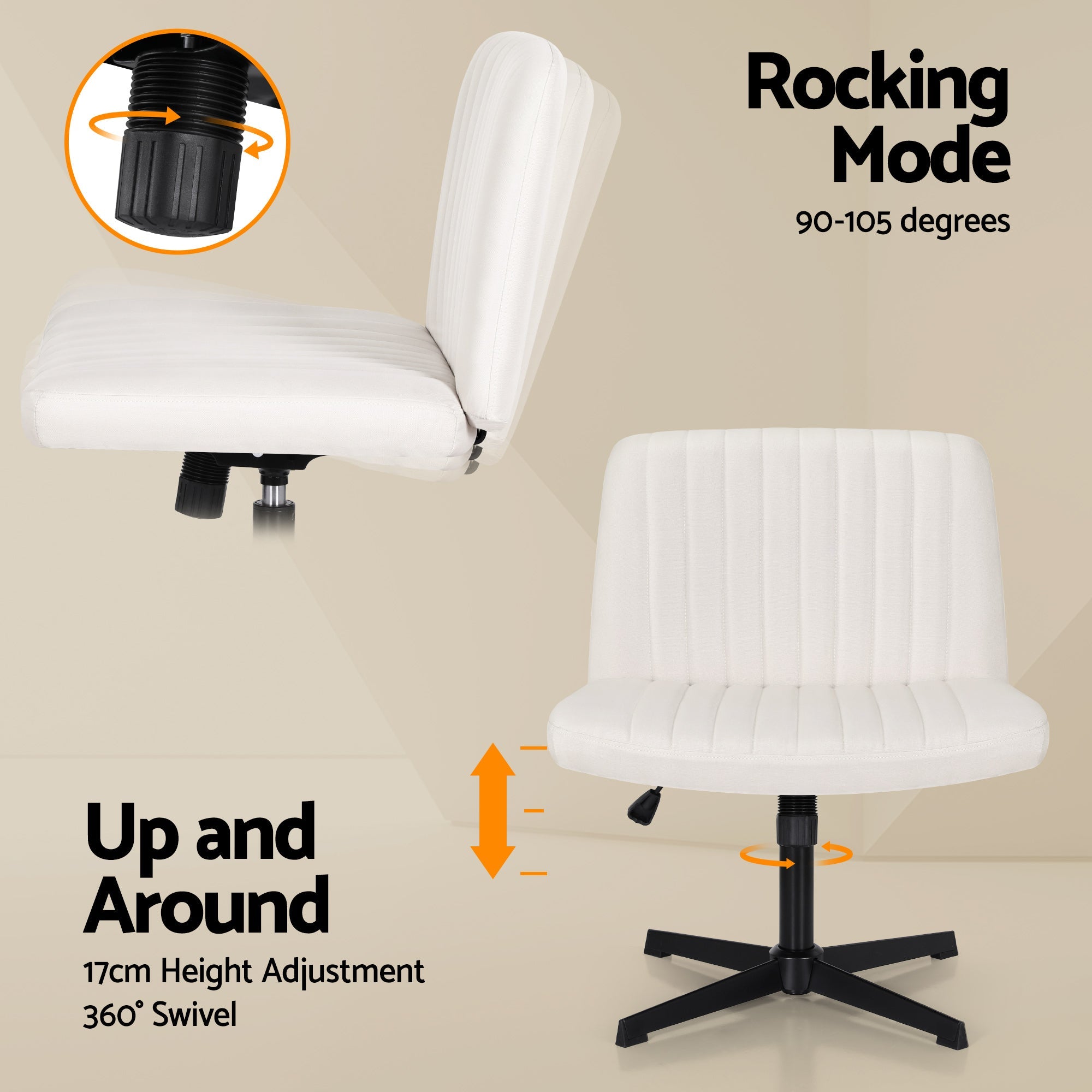 Criss Cross Chair No Wheels Fabric Wide Cross Legged Office Desk Vanity Chair Armless, Height Adjustable, Swivel Home Office Chair for Home Computer Task, Beige - Furniture > Office > Office & Desk Chairs - Rivercity House & Home Co. (ABN 18 642 972 209) - Affordable Modern Furniture Australia