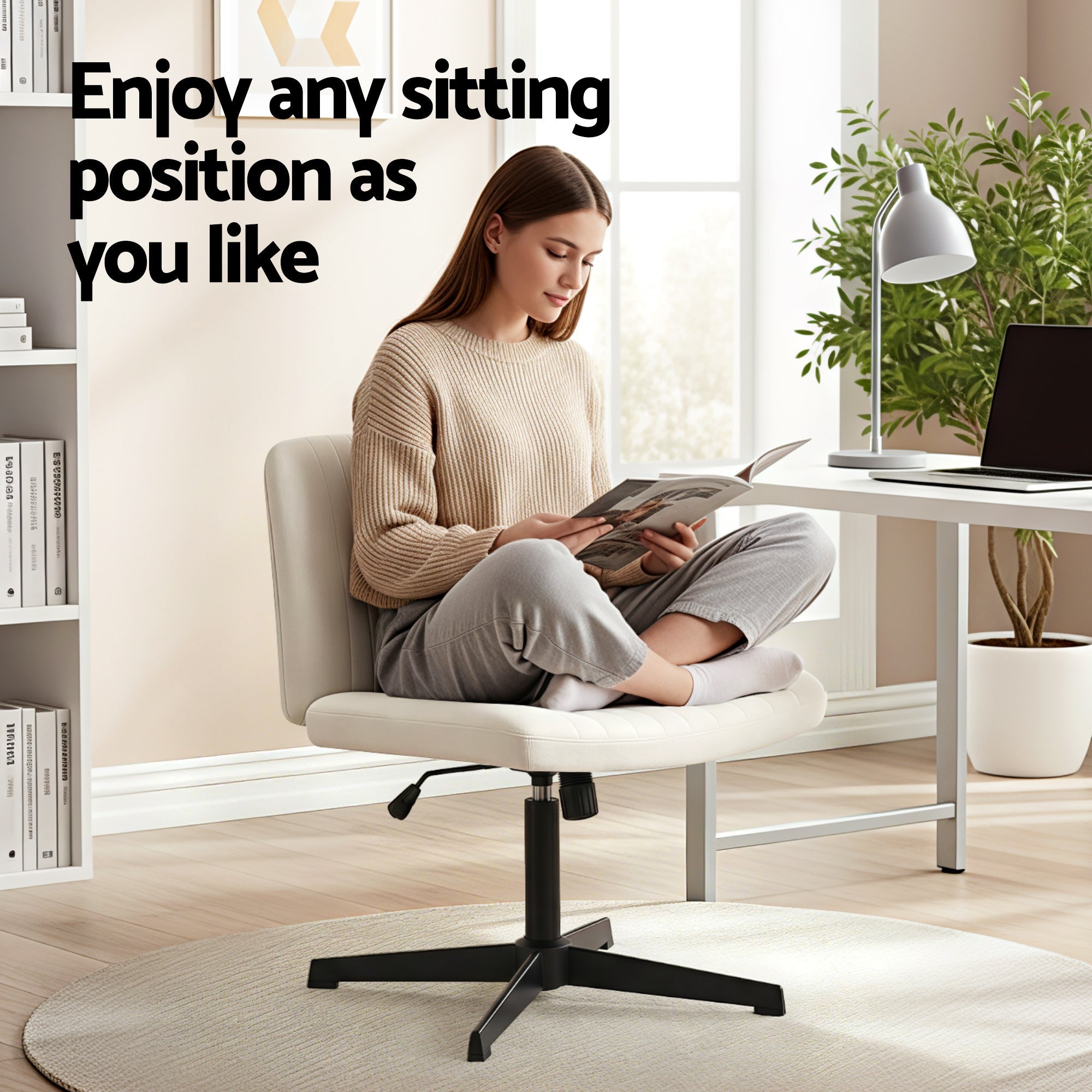 Criss Cross Chair No Wheels Fabric Wide Cross Legged Office Desk Vanity Chair Armless, Height Adjustable, Swivel Home Office Chair for Home Computer Task, Beige - Furniture > Office > Office & Desk Chairs - Rivercity House & Home Co. (ABN 18 642 972 209) - Affordable Modern Furniture Australia