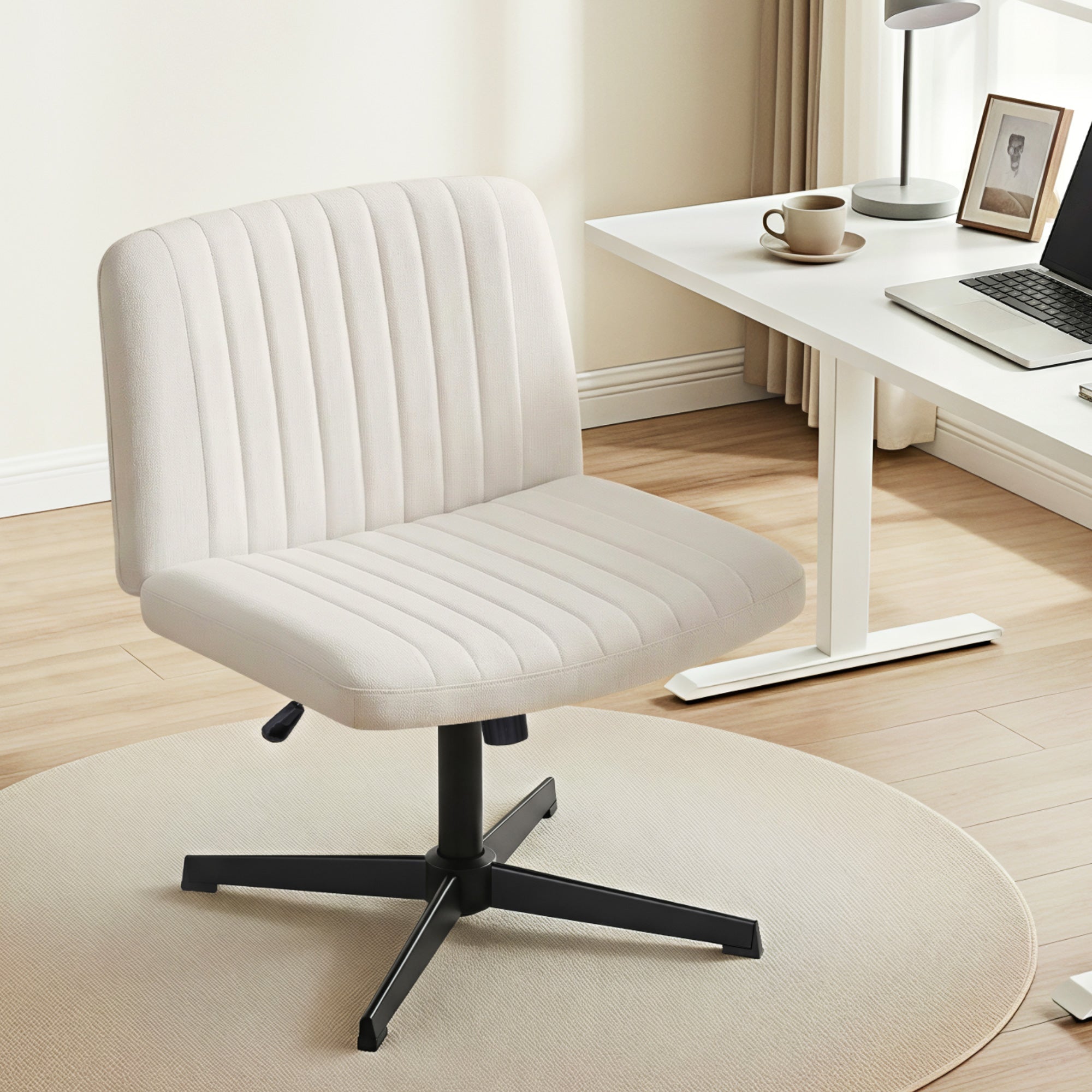 Criss Cross Chair No Wheels Fabric Wide Cross Legged Office Desk Vanity Chair Armless, Height Adjustable, Swivel Home Office Chair for Home Computer Task, Beige - Furniture > Office > Office & Desk Chairs - Rivercity House & Home Co. (ABN 18 642 972 209) - Affordable Modern Furniture Australia