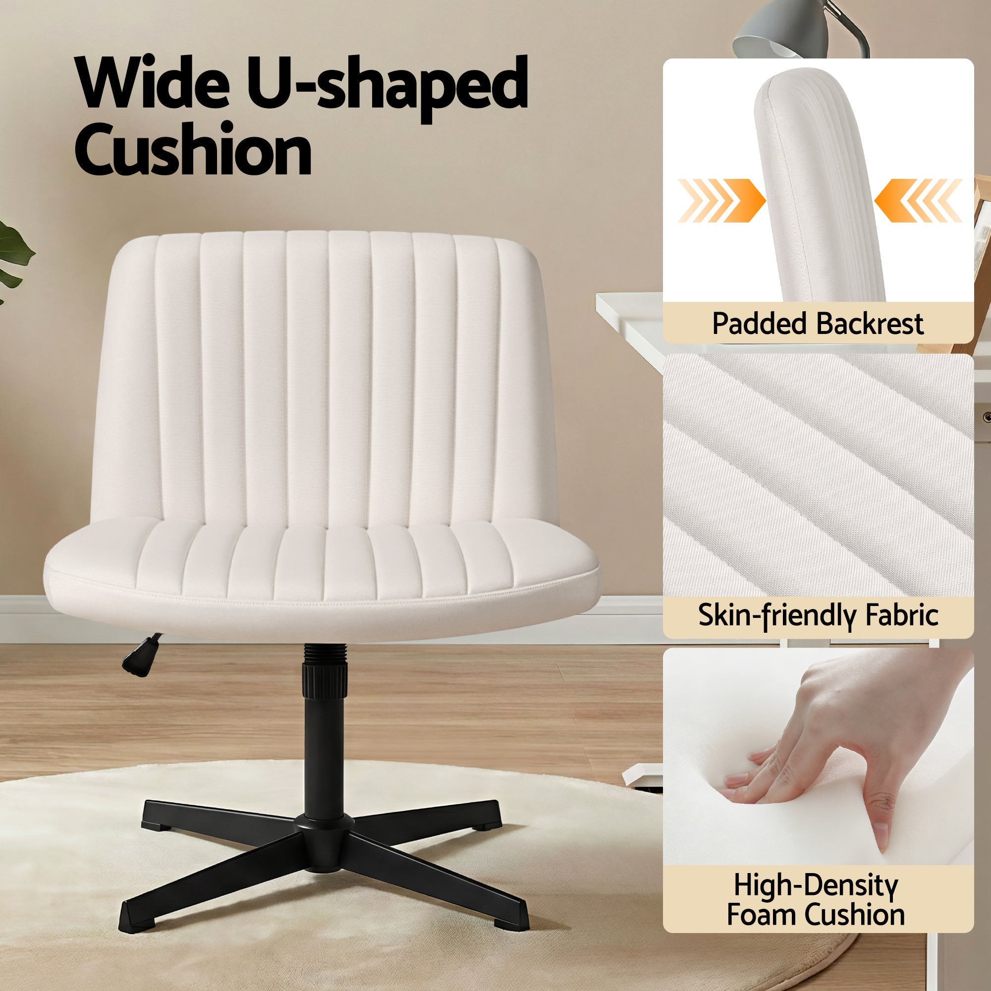 Criss Cross Chair No Wheels Fabric Wide Cross Legged Office Desk Vanity Chair Armless, Height Adjustable, Swivel Home Office Chair for Home Computer Task, Beige - Furniture > Office > Office & Desk Chairs - Rivercity House & Home Co. (ABN 18 642 972 209) - Affordable Modern Furniture Australia