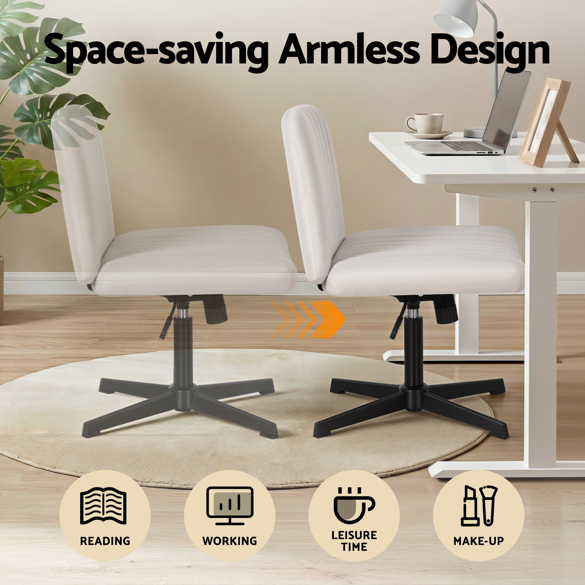 Criss Cross Chair No Wheels Fabric Wide Cross Legged Office Desk Vanity Chair Armless, Height Adjustable, Swivel Home Office Chair for Home Computer Task, Beige - Furniture > Office > Office & Desk Chairs - Rivercity House & Home Co. (ABN 18 642 972 209) - Affordable Modern Furniture Australia