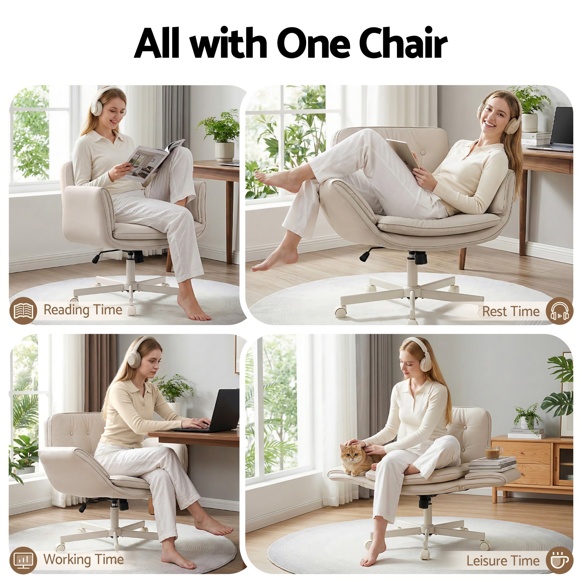 Criss Cross Chair with Wheels & Adjustable Armrests, Ergonomic Cross Legged Office Desk Chair PU Leather Vanity Chair Swivel for Home, Make Up, Bedroom, Computer, Beige - Furniture > Office > Office & Desk Chairs - Rivercity House & Home Co. (ABN 18 642 972 209) - Affordable Modern Furniture Australia