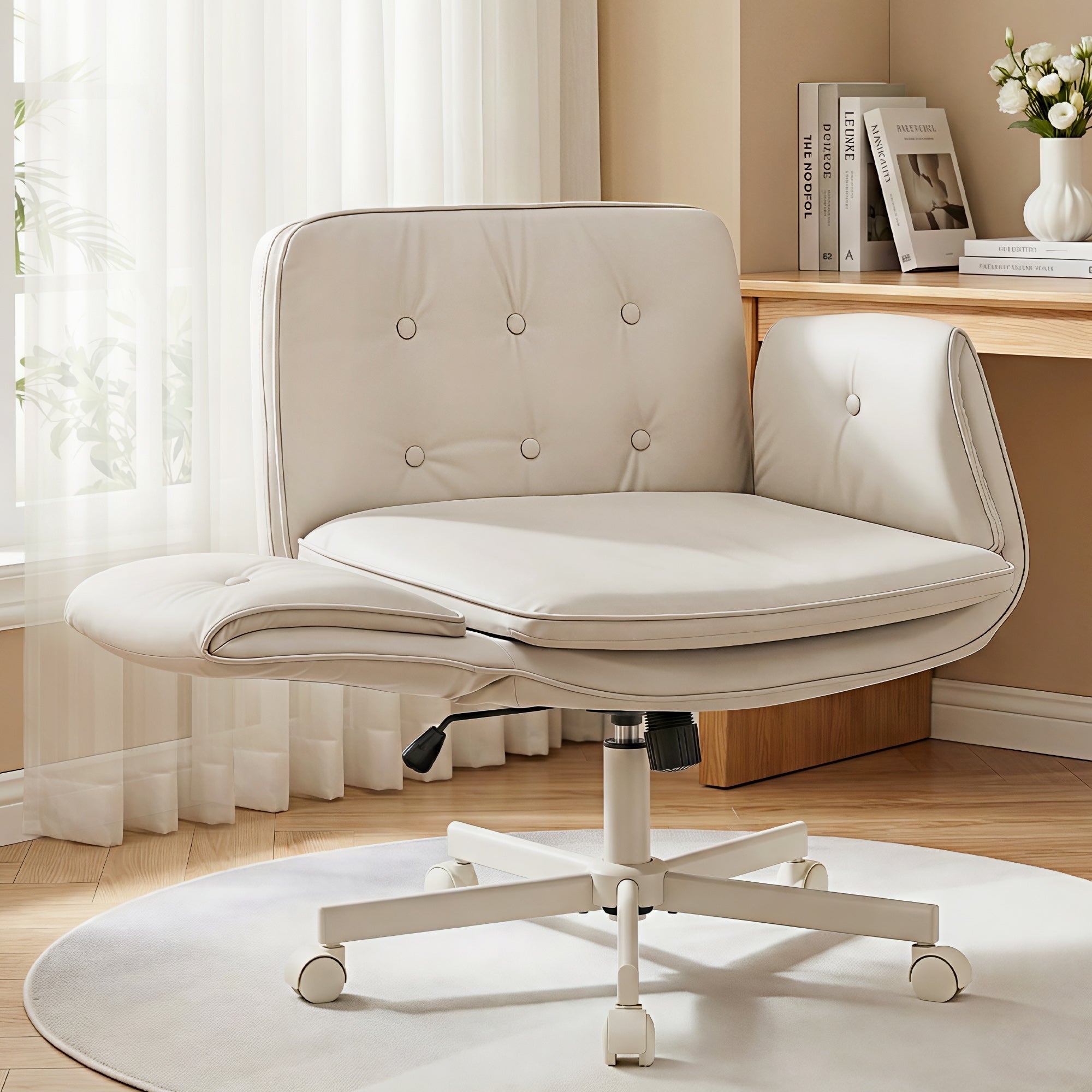 Criss Cross Chair with Wheels & Adjustable Armrests, Ergonomic Cross Legged Office Desk Chair PU Leather Vanity Chair Swivel for Home, Make Up, Bedroom, Computer, Beige - Furniture > Office > Office & Desk Chairs - Rivercity House & Home Co. (ABN 18 642 972 209) - Affordable Modern Furniture Australia