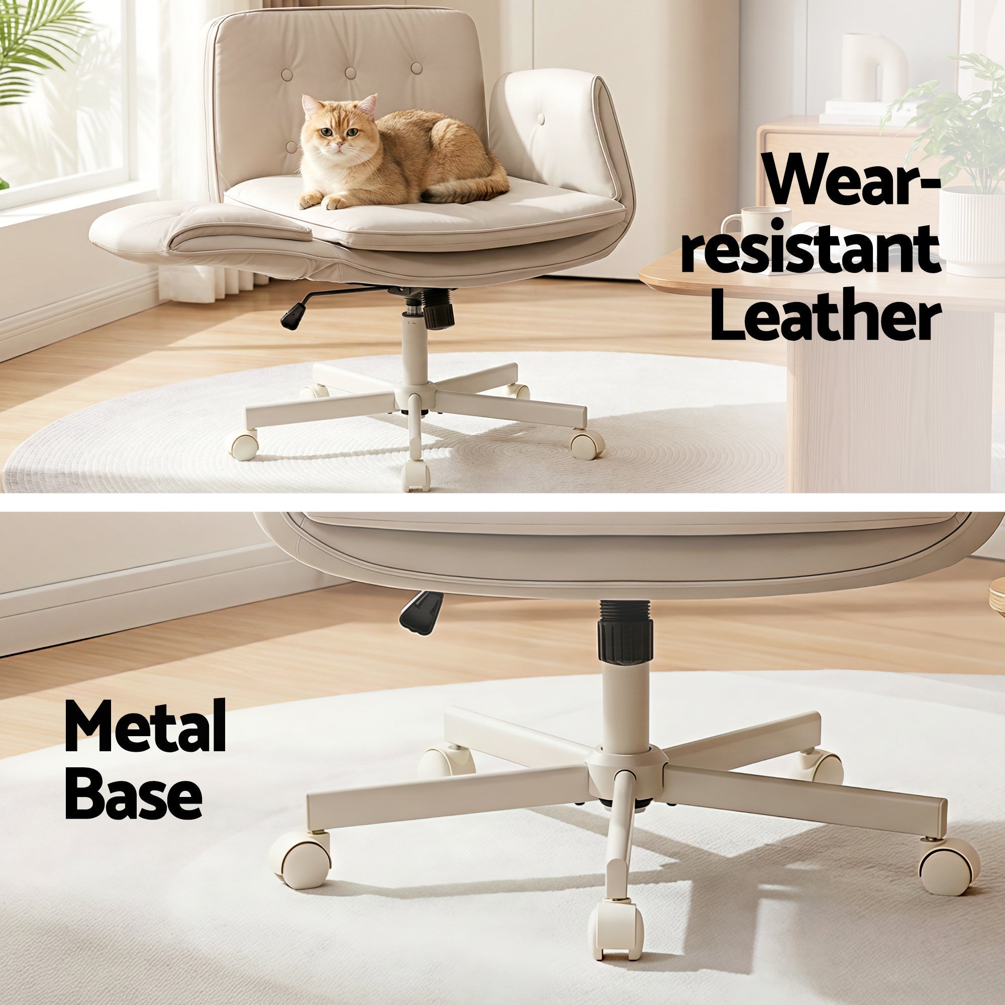 Criss Cross Chair with Wheels & Adjustable Armrests, Ergonomic Cross Legged Office Desk Chair PU Leather Vanity Chair Swivel for Home, Make Up, Bedroom, Computer, Beige - Furniture > Office > Office & Desk Chairs - Rivercity House & Home Co. (ABN 18 642 972 209) - Affordable Modern Furniture Australia