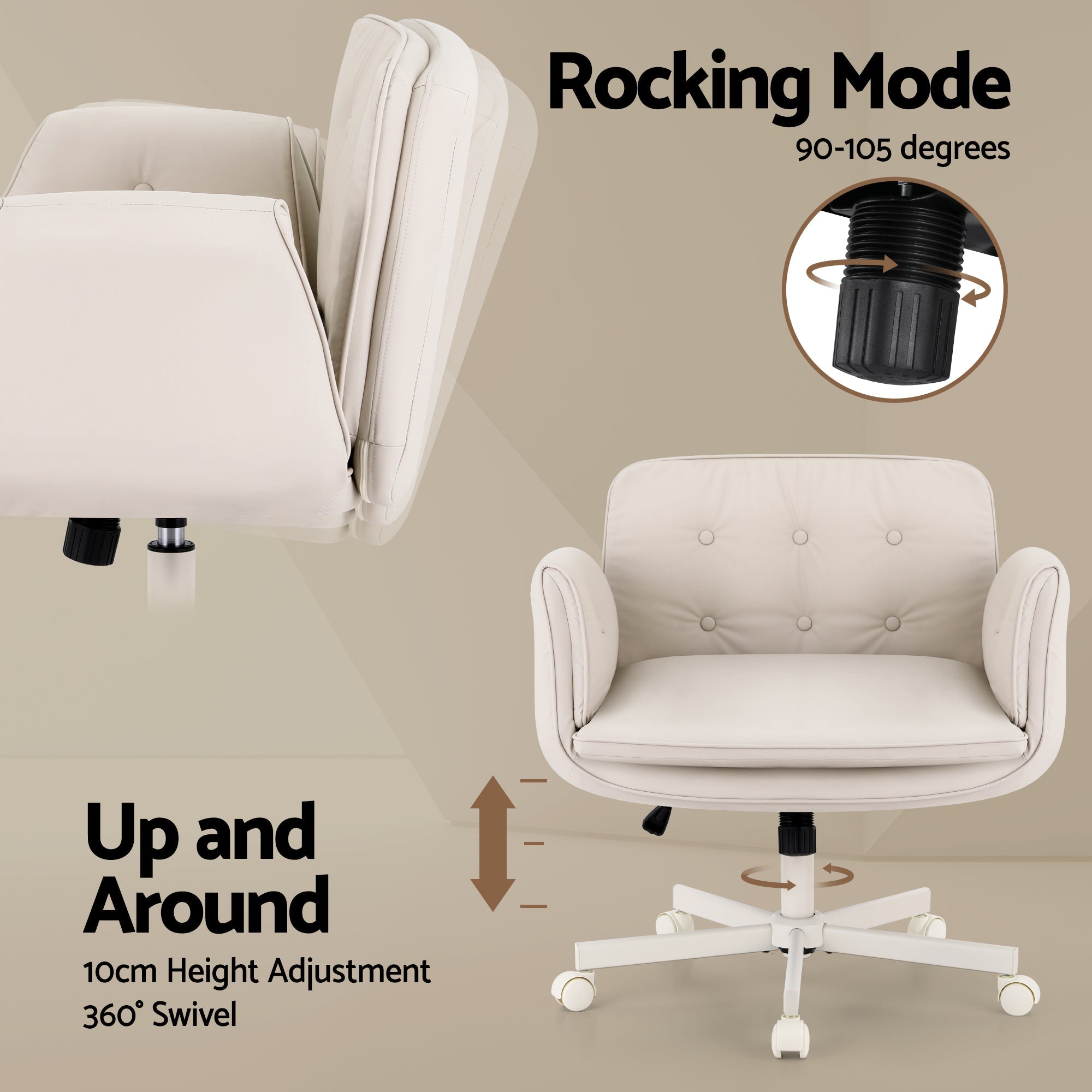 Criss Cross Chair with Wheels & Adjustable Armrests, Ergonomic Cross Legged Office Desk Chair PU Leather Vanity Chair Swivel for Home, Make Up, Bedroom, Computer, Beige - Furniture > Office > Office & Desk Chairs - Rivercity House & Home Co. (ABN 18 642 972 209) - Affordable Modern Furniture Australia