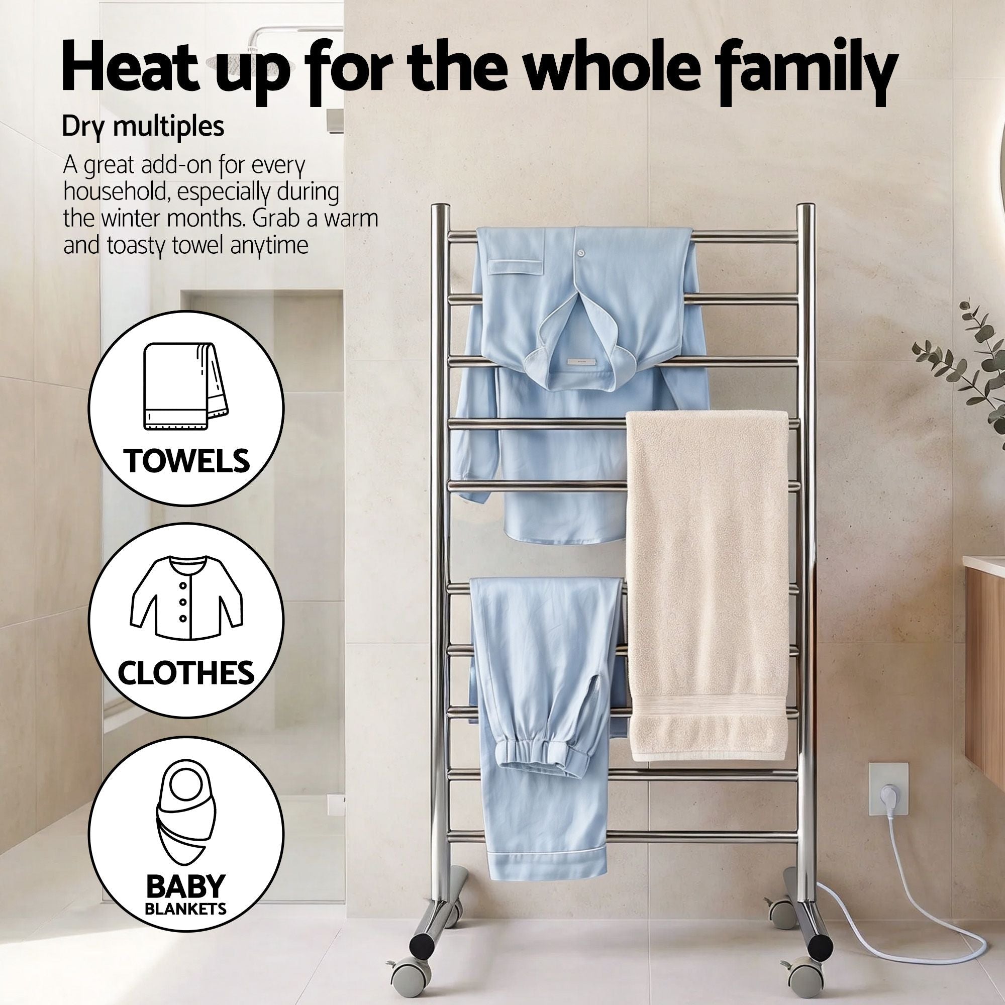 Devanti 10 - Bar Freestanding Heated Towel Rail 3 - 5 Mins Fast Heating Electric Towel Warmer for Bathroom Winter Drying Stainless Steel Plug In 100W - Home & Garden > Bathroom Accessories > Towel Racks & Holders - Rivercity House & Home Co. (ABN 18 642 972 209) - Affordable Modern Furniture Australia