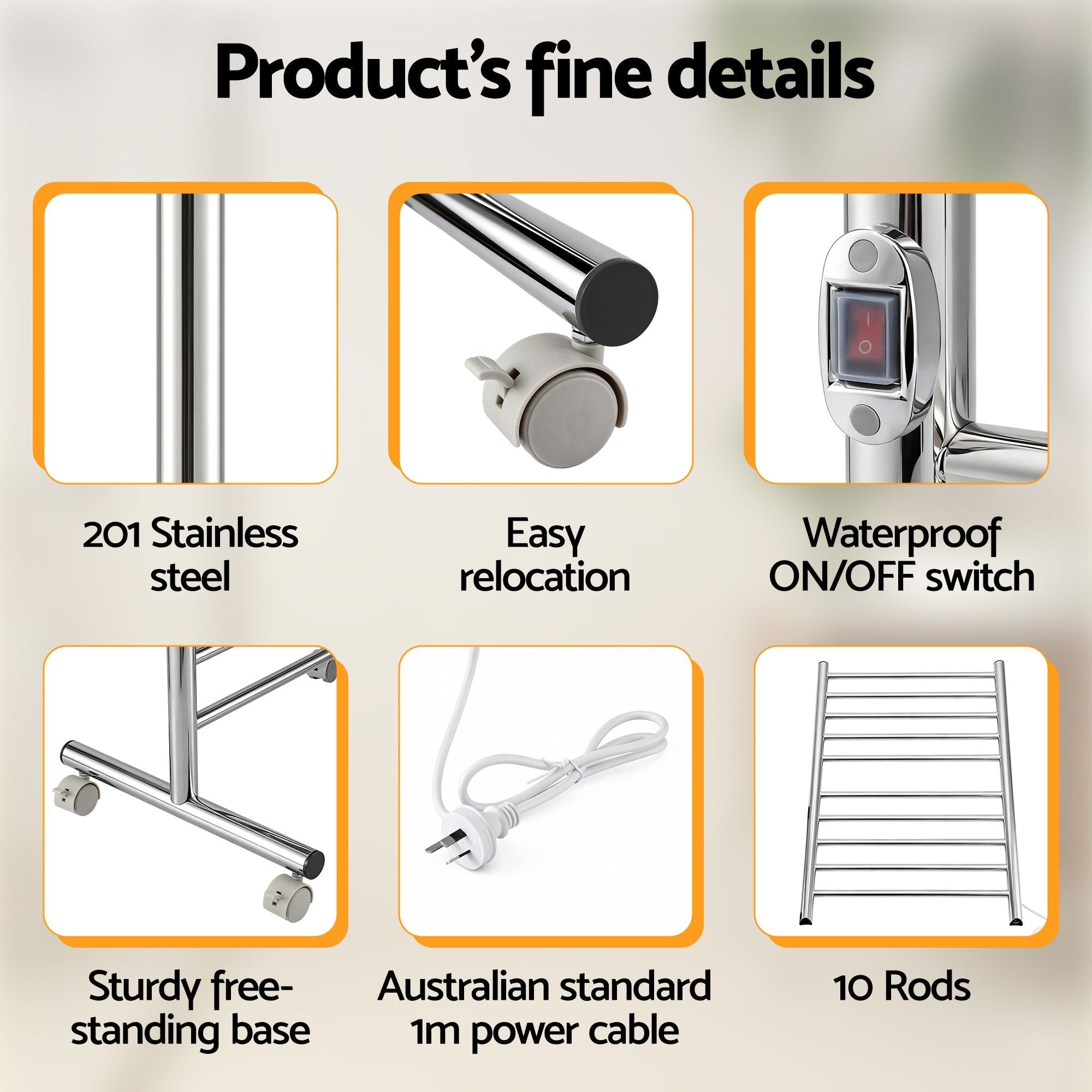 Devanti 10 - Bar Freestanding Heated Towel Rail 3 - 5 Mins Fast Heating Electric Towel Warmer for Bathroom Winter Drying Stainless Steel Plug In 100W - Home & Garden > Bathroom Accessories > Towel Racks & Holders - Rivercity House & Home Co. (ABN 18 642 972 209) - Affordable Modern Furniture Australia