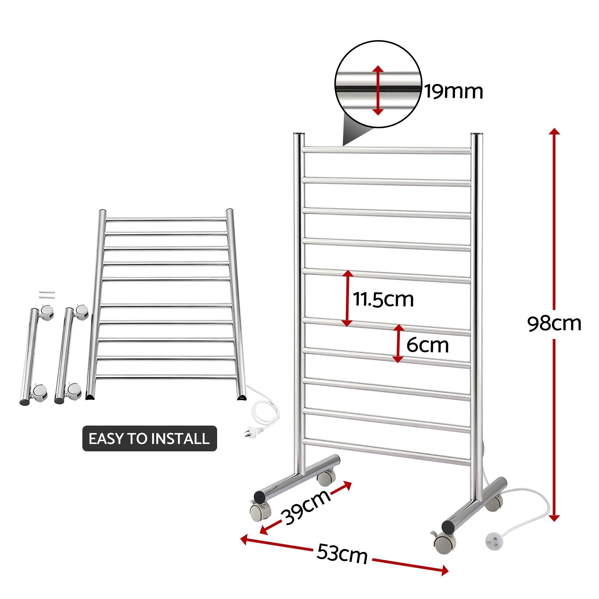 Devanti 10 - Bar Freestanding Heated Towel Rail 3 - 5 Mins Fast Heating Electric Towel Warmer for Bathroom Winter Drying Stainless Steel Plug In 100W - Home & Garden > Bathroom Accessories > Towel Racks & Holders - Rivercity House & Home Co. (ABN 18 642 972 209) - Affordable Modern Furniture Australia