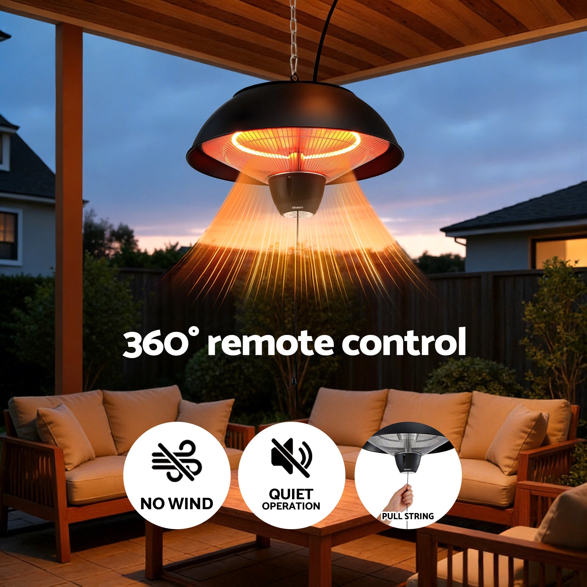 Devanti 1500W Electric Patio Infrared Heater Hanging Heaters Ceiling Mounted Remote - Appliances > Heaters > Patio Heaters - Rivercity House & Home Co. (ABN 18 642 972 209) - Affordable Modern Furniture Australia