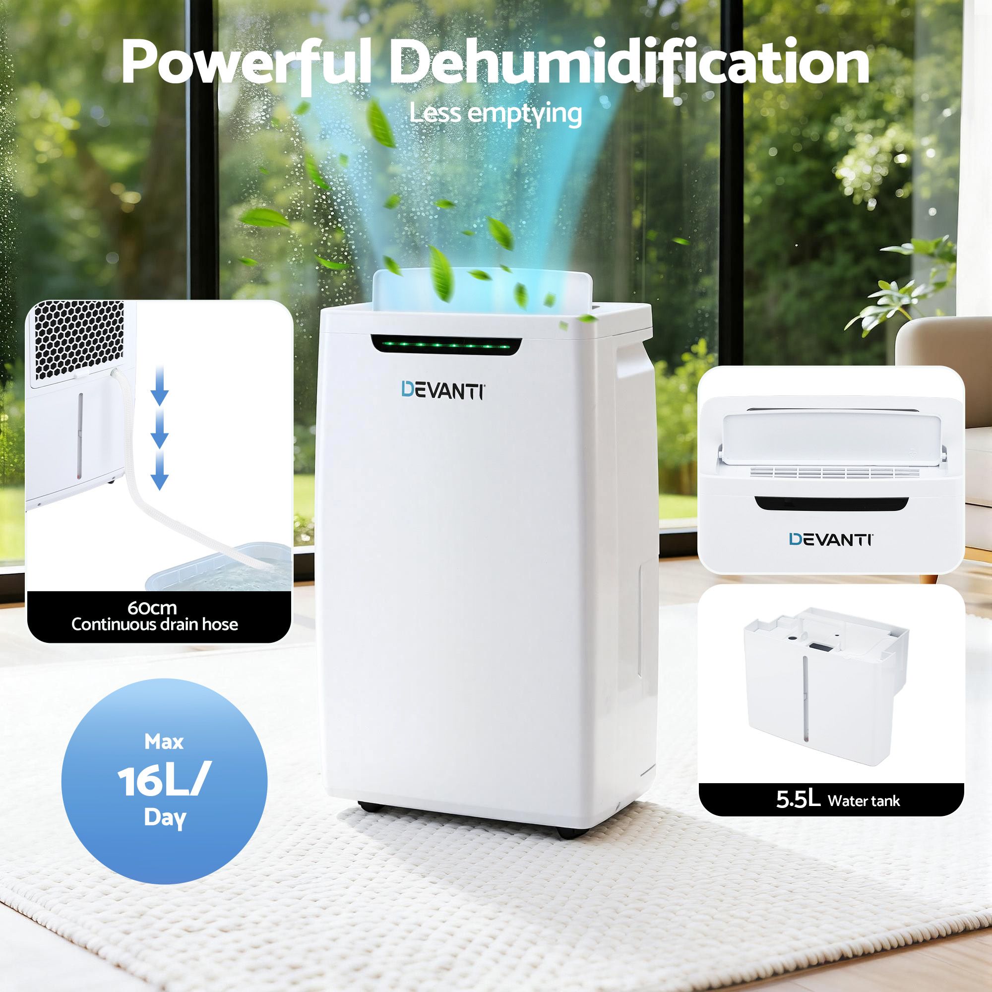 Devanti 16L Dehumidifier Portable Air Dryer Moisture Absorber 5.5L Water Tank Home - Appliances > Aroma Diffusers & Humidifiers > Dehumidifiers - Rivercity House & Home Co. (ABN 18 642 972 209) - Affordable Modern Furniture Australia