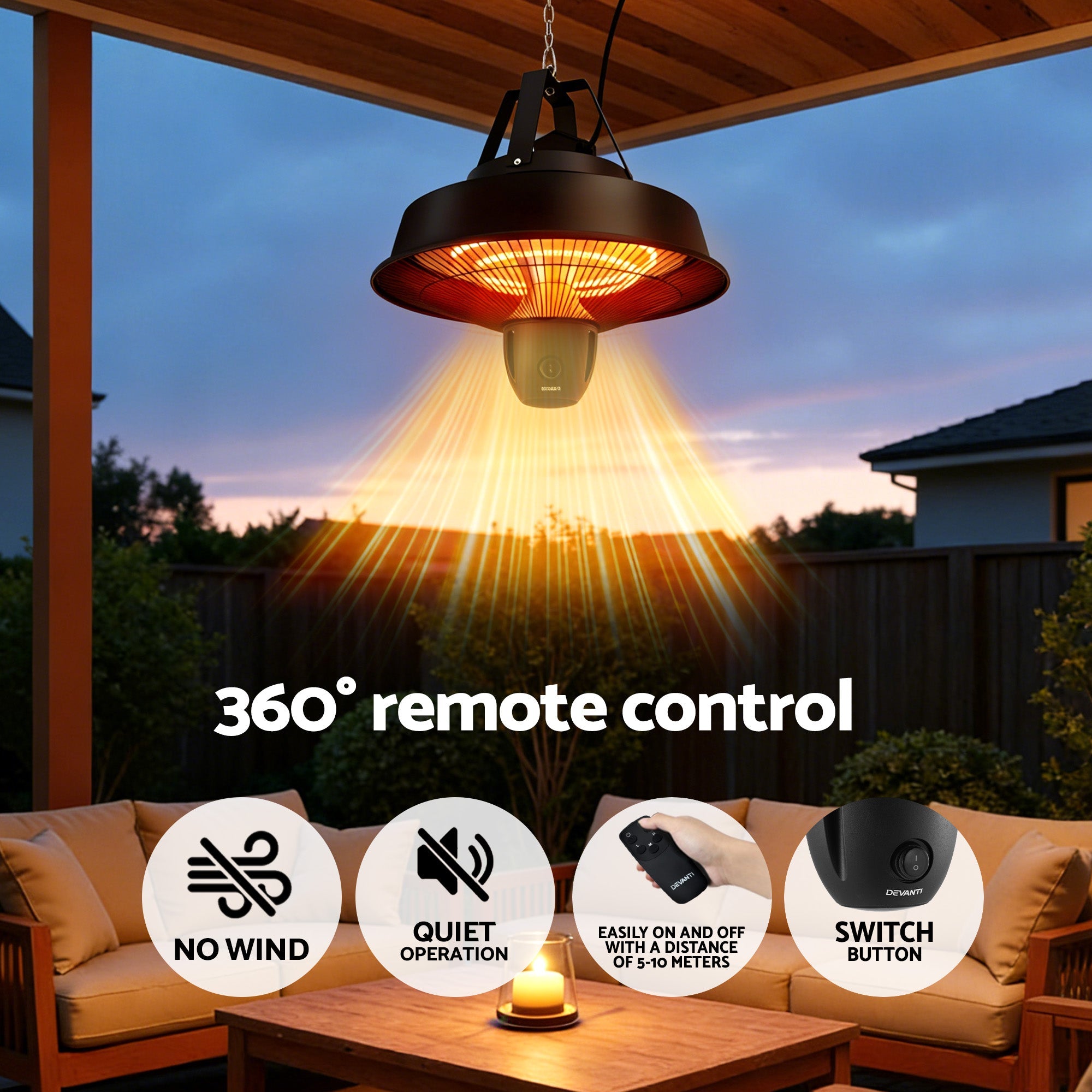 Devanti 2000W Electric Patio Heater Ceiling Mounted Hanging Heaters Remote - Appliances > Heaters > Patio Heaters - Rivercity House & Home Co. (ABN 18 642 972 209) - Affordable Modern Furniture Australia