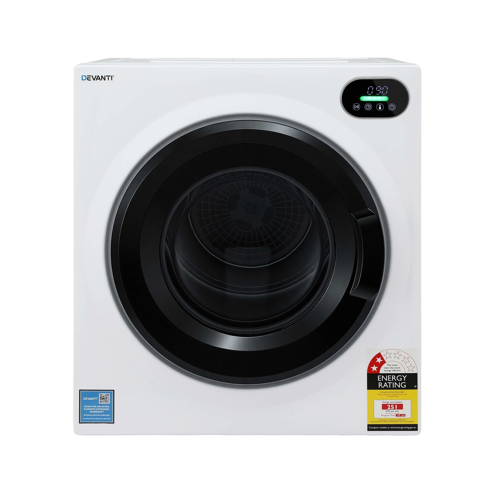 Devanti 6kg Tumble Dryer, Intelligent Touch Screen Clothes Dryer with 4 Drying Modes Stainless Steel Drum, 54x60x67.5cm - Appliances > Washers, Dryers & Irons > Dryers - Rivercity House & Home Co. (ABN 18 642 972 209) - Affordable Modern Furniture Australia