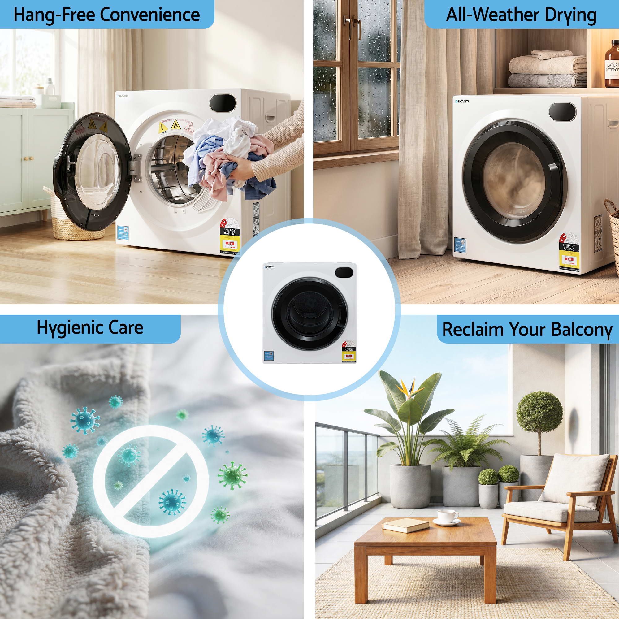 Devanti 6kg Tumble Dryer, Intelligent Touch Screen Clothes Dryer with 4 Drying Modes Stainless Steel Drum, 54x60x67.5cm - Appliances > Washers, Dryers & Irons > Dryers - Rivercity House & Home Co. (ABN 18 642 972 209) - Affordable Modern Furniture Australia
