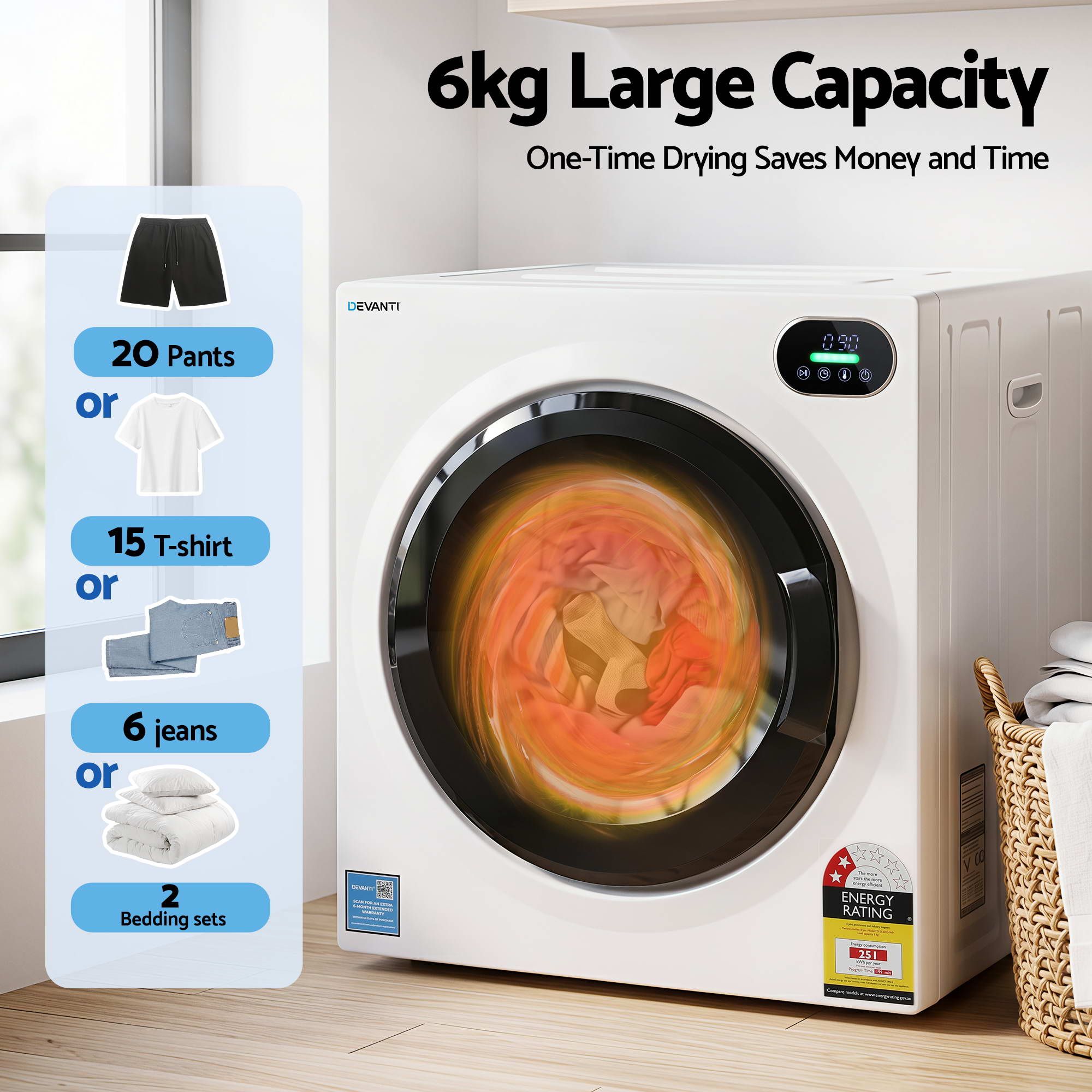 Devanti 6kg Tumble Dryer, Intelligent Touch Screen Clothes Dryer with 4 Drying Modes Stainless Steel Drum, 54x60x67.5cm - Appliances > Washers, Dryers & Irons > Dryers - Rivercity House & Home Co. (ABN 18 642 972 209) - Affordable Modern Furniture Australia