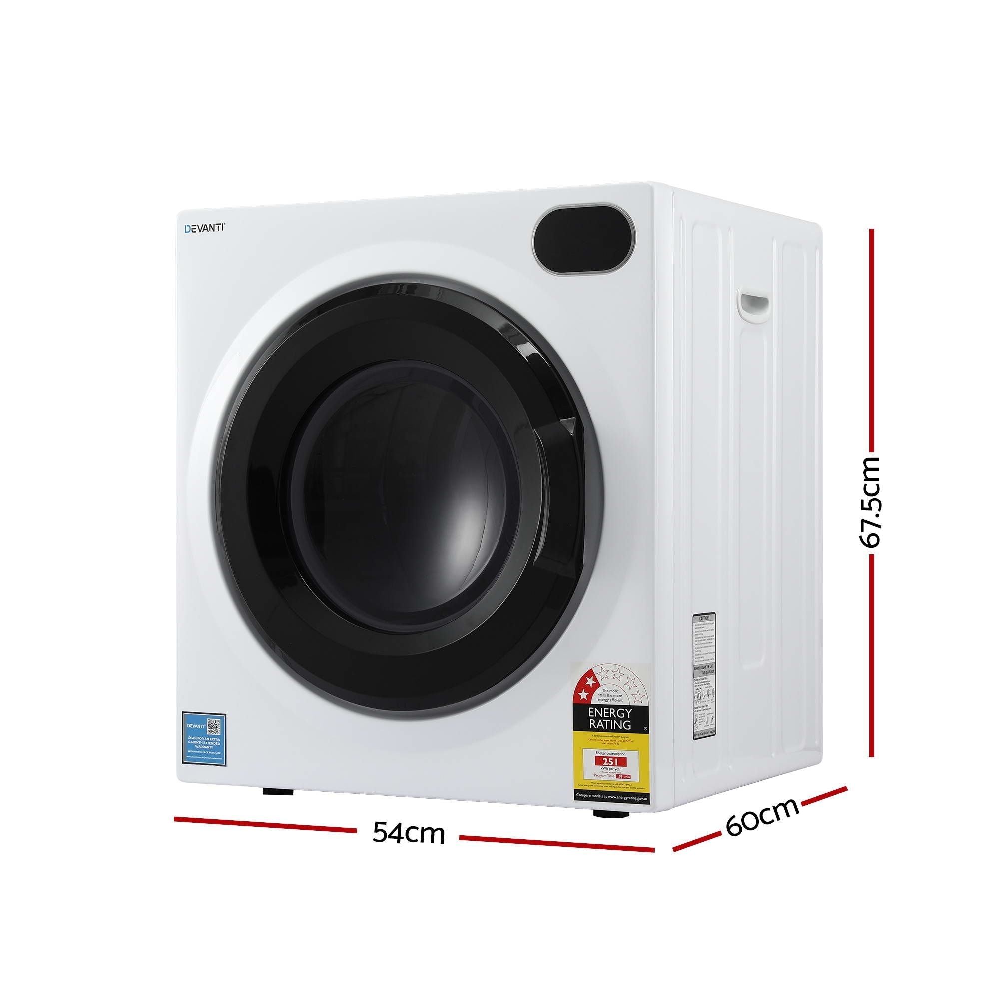 Devanti 6kg Tumble Dryer, Intelligent Touch Screen Clothes Dryer with 4 Drying Modes Stainless Steel Drum, 54x60x67.5cm - Appliances > Washers, Dryers & Irons > Dryers - Rivercity House & Home Co. (ABN 18 642 972 209) - Affordable Modern Furniture Australia