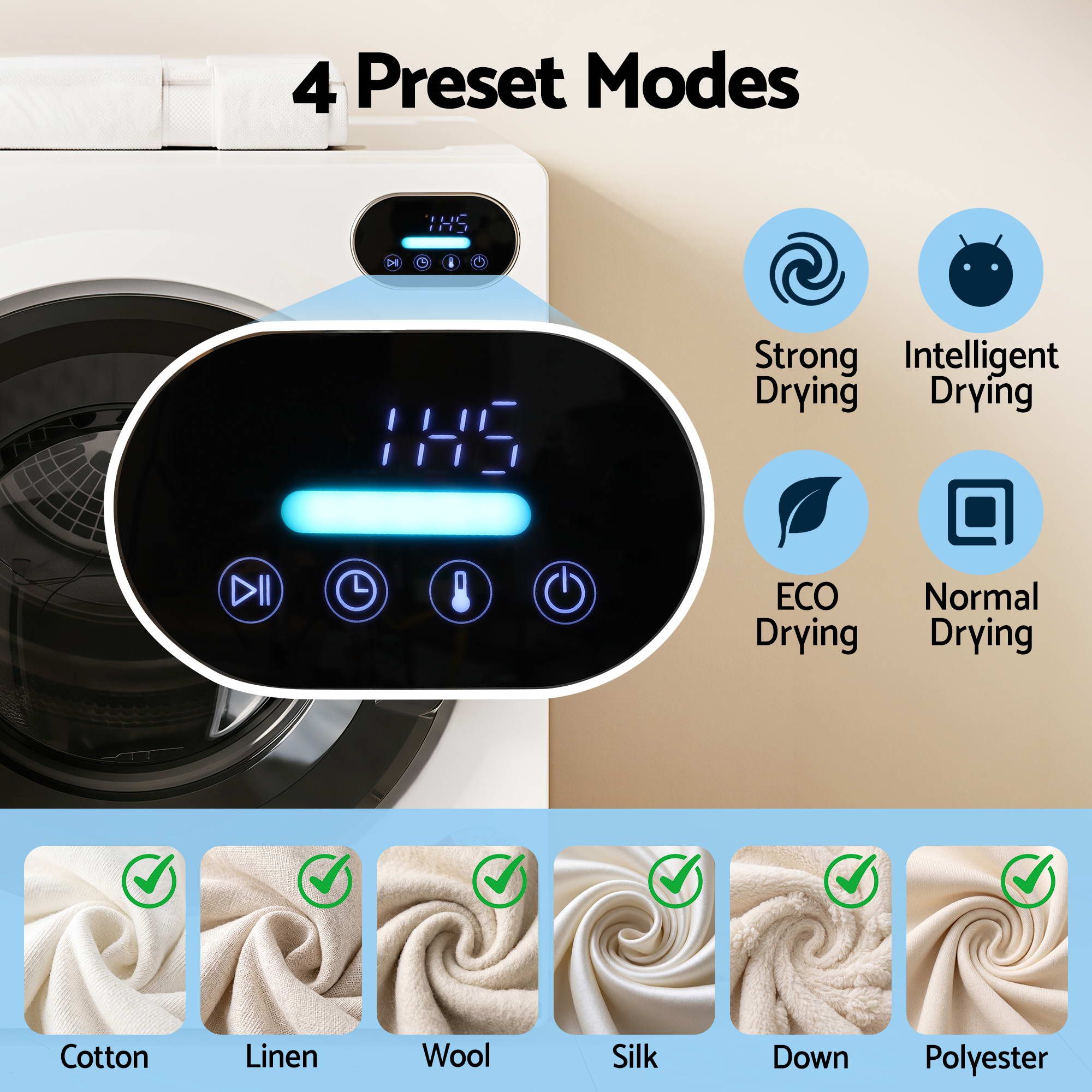 Devanti 6kg Tumble Dryer, Intelligent Touch Screen Clothes Dryer with 4 Drying Modes Stainless Steel Drum, 54x60x67.5cm - Appliances > Washers, Dryers & Irons > Dryers - Rivercity House & Home Co. (ABN 18 642 972 209) - Affordable Modern Furniture Australia