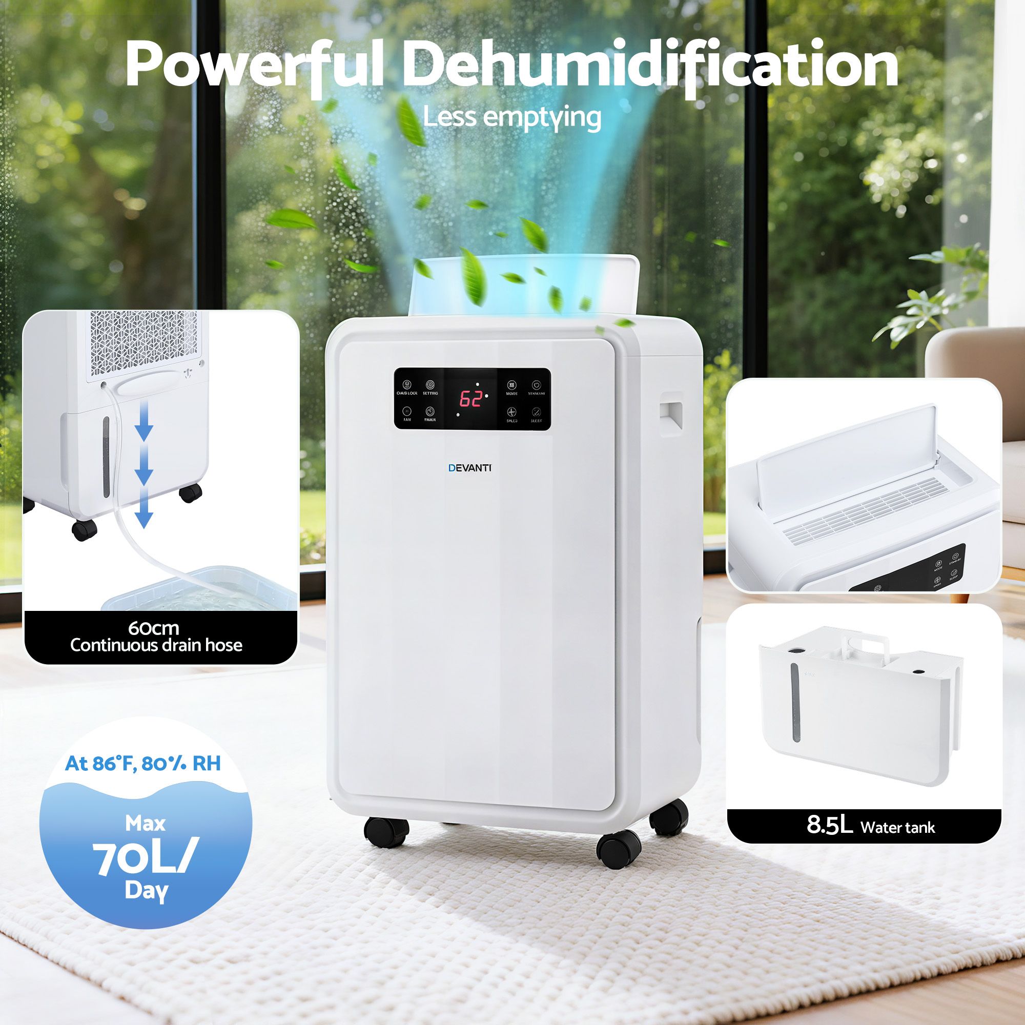 Devanti 70L Dehumidifier Commercial Moisture Absorber Air Dryer 8.5L Water Tank - Appliances > Aroma Diffusers & Humidifiers > Dehumidifiers - Rivercity House & Home Co. (ABN 18 642 972 209) - Affordable Modern Furniture Australia