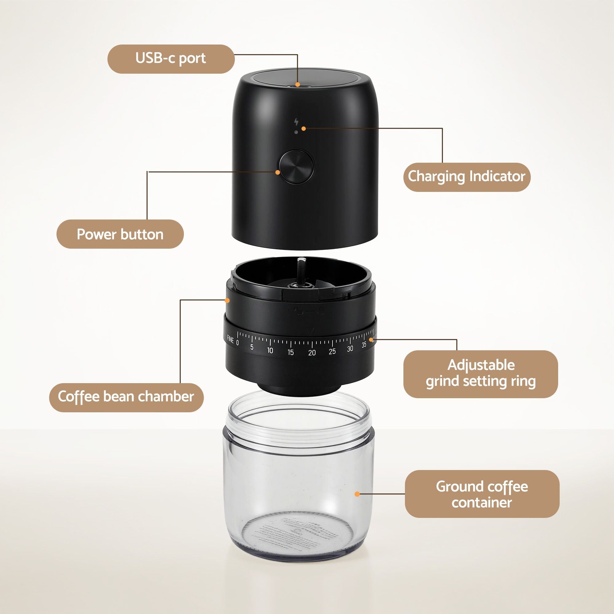 Devanti Electric Coffee Grinder USB - C Rechargeable Portable Coffee Bean Grinder with 40 Precise Grind Settings | Automatic Spice Nut Pepper Grinder Mill with Cleaning Brush & Ground Coffee Container for Home Office Camping Travel, Black - Appliances > Kitchen Appliances > Coffee Machines & Accessories - Rivercity House & Home Co. (ABN 18 642 972 209) - Affordable Modern Furniture Australia