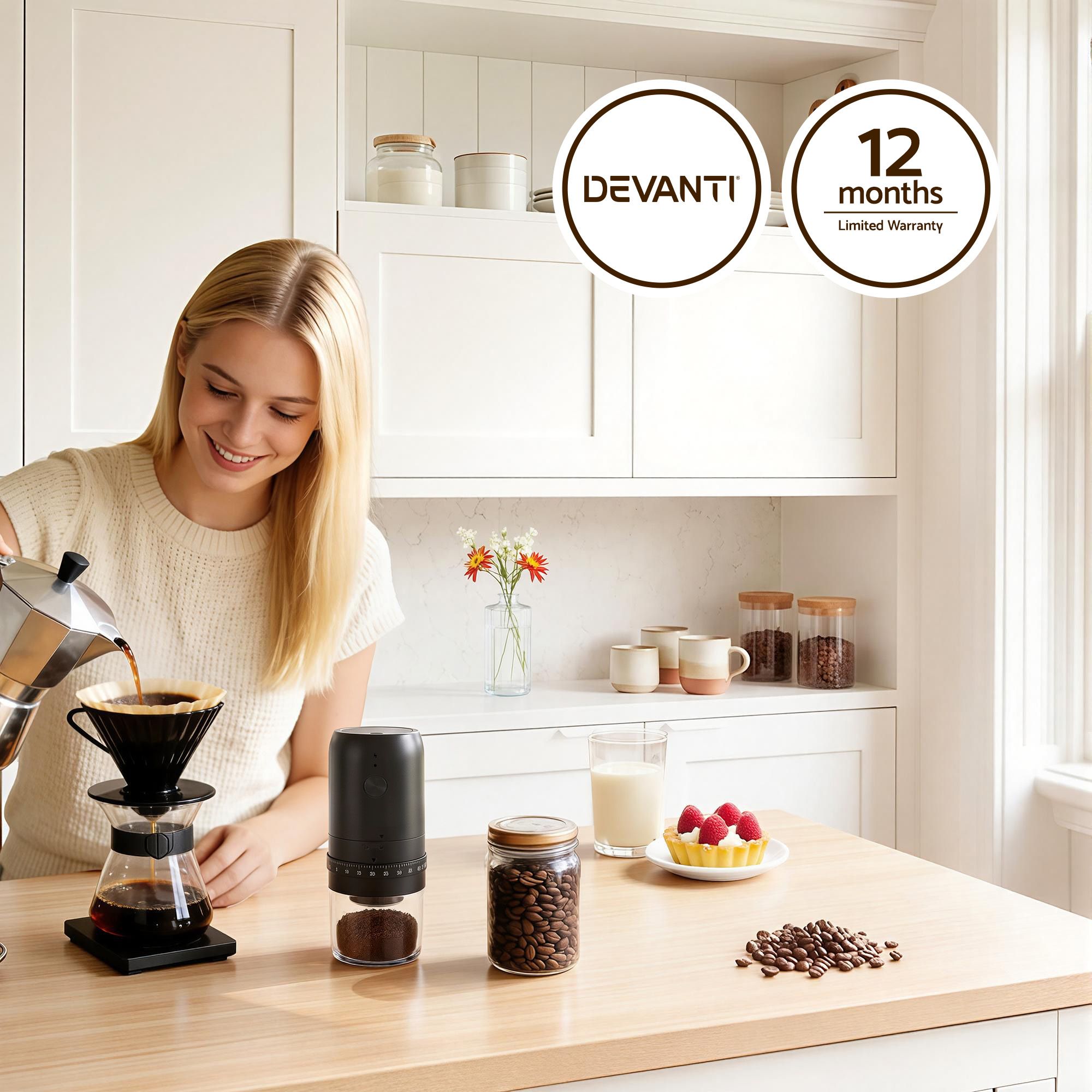 Devanti Electric Coffee Grinder USB - C Rechargeable Portable Coffee Bean Grinder with 40 Precise Grind Settings | Automatic Spice Nut Pepper Grinder Mill with Cleaning Brush & Ground Coffee Container for Home Office Camping Travel, Black - Appliances > Kitchen Appliances > Coffee Machines & Accessories - Rivercity House & Home Co. (ABN 18 642 972 209) - Affordable Modern Furniture Australia