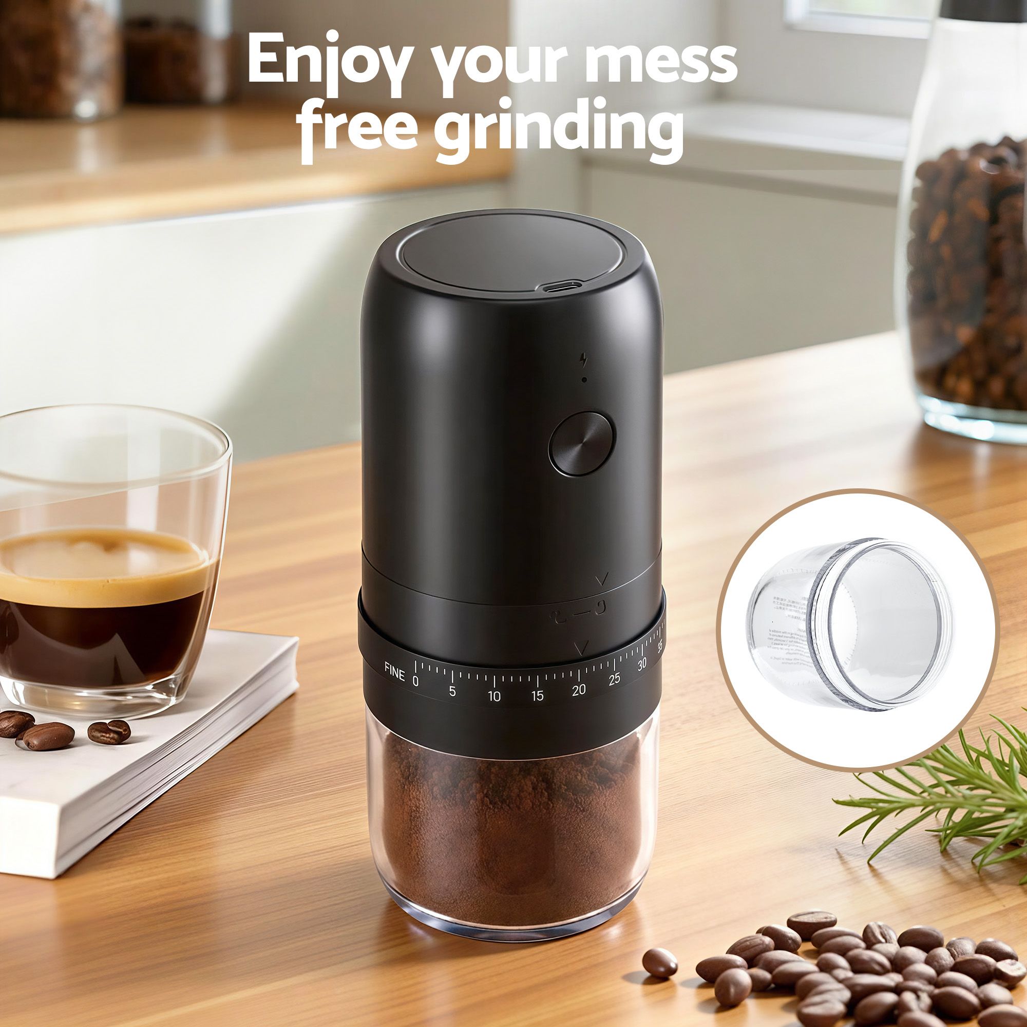Devanti Electric Coffee Grinder USB - C Rechargeable Portable Coffee Bean Grinder with 40 Precise Grind Settings | Automatic Spice Nut Pepper Grinder Mill with Cleaning Brush & Ground Coffee Container for Home Office Camping Travel, Black - Appliances > Kitchen Appliances > Coffee Machines & Accessories - Rivercity House & Home Co. (ABN 18 642 972 209) - Affordable Modern Furniture Australia