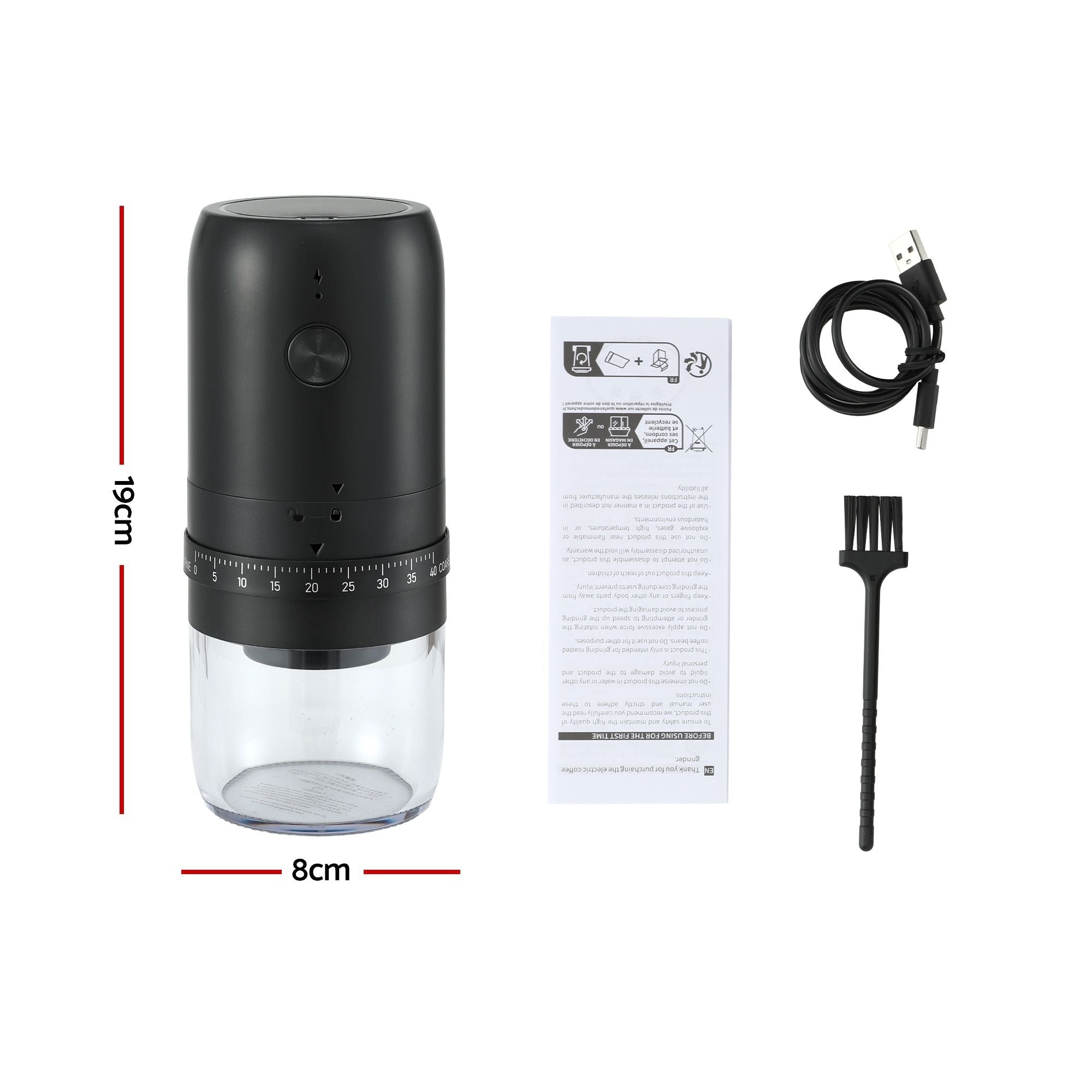 Devanti Electric Coffee Grinder USB - C Rechargeable Portable Coffee Bean Grinder with 40 Precise Grind Settings | Automatic Spice Nut Pepper Grinder Mill with Cleaning Brush & Ground Coffee Container for Home Office Camping Travel, Black - Appliances > Kitchen Appliances > Coffee Machines & Accessories - Rivercity House & Home Co. (ABN 18 642 972 209) - Affordable Modern Furniture Australia