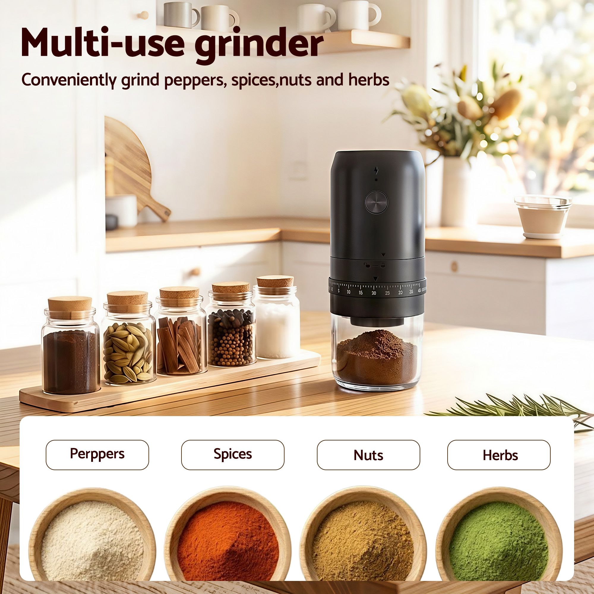 Devanti Electric Coffee Grinder USB - C Rechargeable Portable Coffee Bean Grinder with 40 Precise Grind Settings | Automatic Spice Nut Pepper Grinder Mill with Cleaning Brush & Ground Coffee Container for Home Office Camping Travel, Black - Appliances > Kitchen Appliances > Coffee Machines & Accessories - Rivercity House & Home Co. (ABN 18 642 972 209) - Affordable Modern Furniture Australia