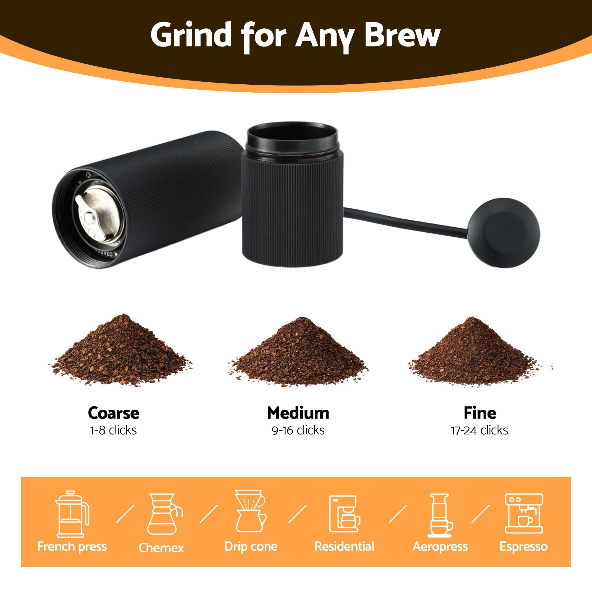 Devanti Manual Coffee Grinder with 24 Adjustable Settings | Hand Coffee Bean Burr Mill for Espresso French Press | Portable Stainless Steel Quiet Grinder with Storage Bag for Travel Camping, Black - Appliances > Kitchen Appliances > Coffee Machines & Accessories - Rivercity House & Home Co. (ABN 18 642 972 209) - Affordable Modern Furniture Australia