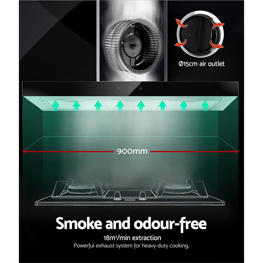 Devanti Range Hood 900mm Rangehood 90cm Stainless Steel Glass Kitchen Canopy Black - Rivercity House & Home Co. (ABN 18 642 972 209) - Affordable Modern Furniture Australia