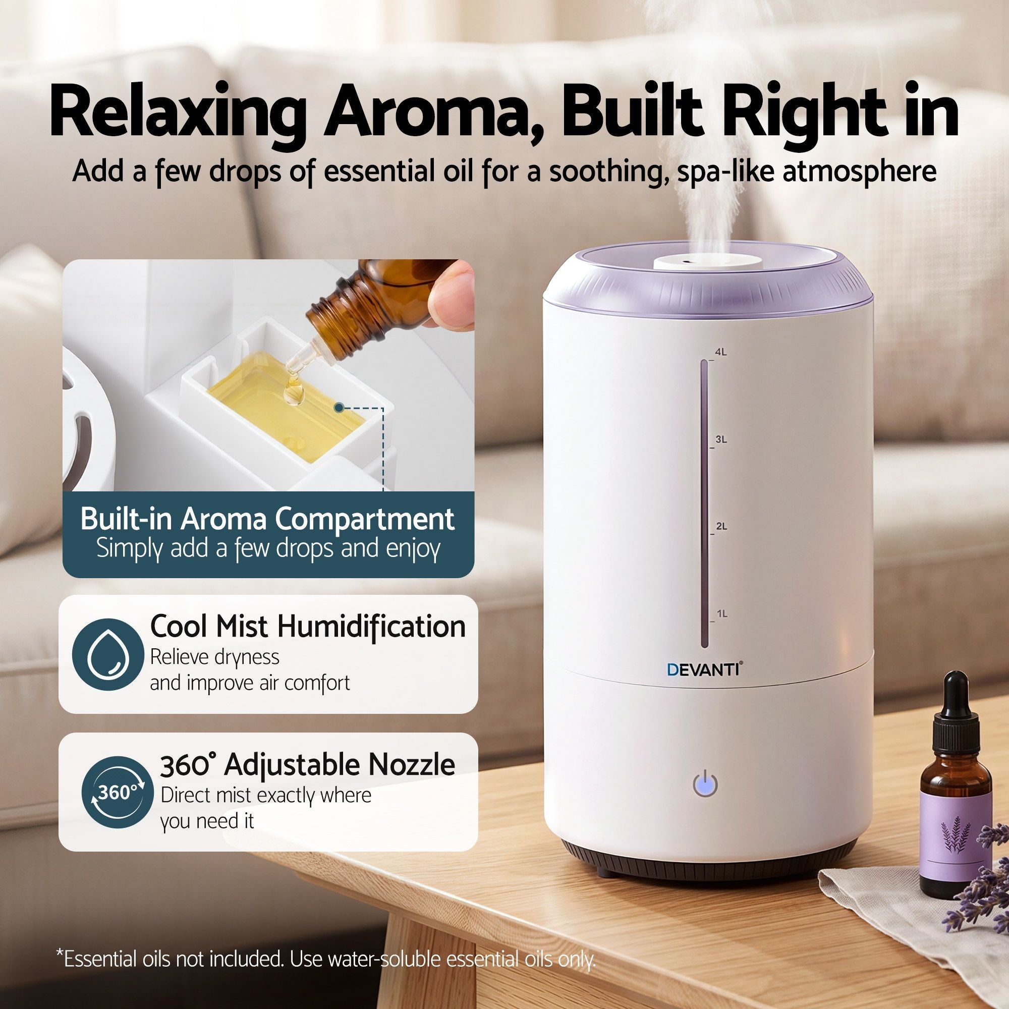 Devanti Ultrasonic Humidifier Aroma Diffuser Top Fill Quiet Bedroom 4L White - Appliances > Aroma Diffusers & Humidifiers > Humidifiers - Rivercity House & Home Co. (ABN 18 642 972 209) - Affordable Modern Furniture Australia
