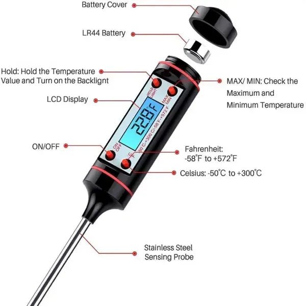 Digital Kitchen Thermometer with Stainless Steel Probe and LCD Display for Cooking and BBQ Temperature Checks - Black - Home & Garden > BBQ > BBQ Tools - Rivercity House & Home Co. (ABN 18 642 972 209) - Affordable Modern Furniture Australia