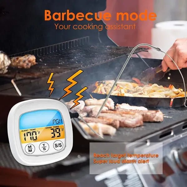 Digital Meat Thermometer with Foldable Probe, Touchscreen LCD, Backlight & Timer Alarm for BBQ, Oven & Grilling - Black and Grey - Home & Garden > BBQ > BBQ Tools - Rivercity House & Home Co. (ABN 18 642 972 209) - Affordable Modern Furniture Australia
