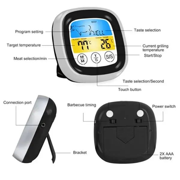 Digital Meat Thermometer with Foldable Probe, Touchscreen LCD, Backlight & Timer Alarm for BBQ, Oven & Grilling - Black and Grey - Home & Garden > BBQ > BBQ Tools - Rivercity House & Home Co. (ABN 18 642 972 209) - Affordable Modern Furniture Australia